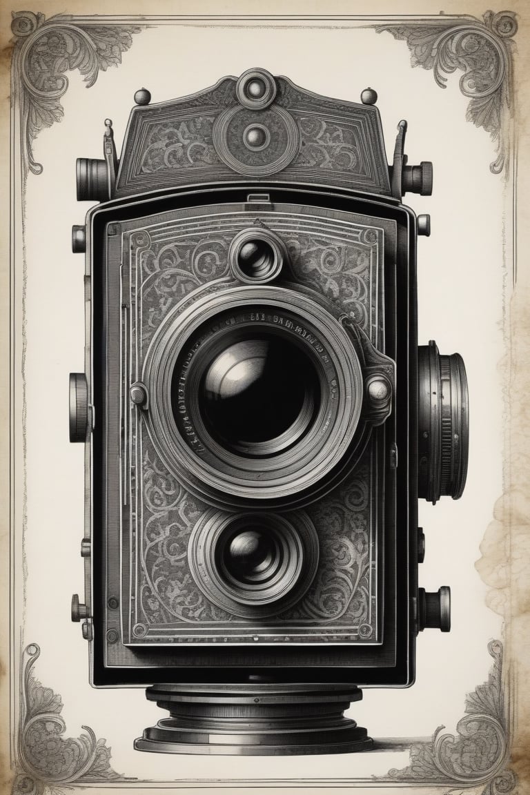 old paper etching of black camera made of iron frame on,(in the style of Albrecht Dürer),medieval pattern,black and white,white background,archaic,ornamental,retro,old fashioned,best quality