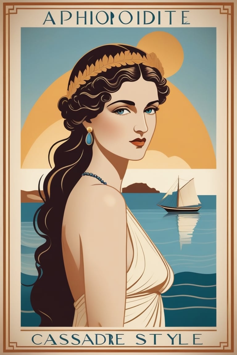 (Cassandre style:1.2),touristic poster of Aphrodite in the days of the classic Greek,1920s style,minimal vector,art deco,old fashioned,nostalgic