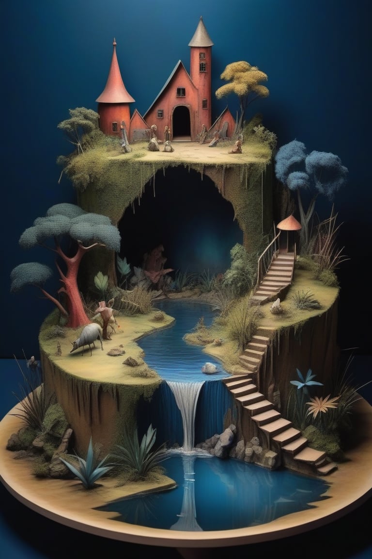 3D diorama model of Bosch's strange jungle hell,water colours,(ink lines:1.3),at night,dark blue sky,thick shadows,(in the style of Hieronymus Bosch:1.2),chic colours,nostalgic,loneliness,old fashioned,photorealistic,realism