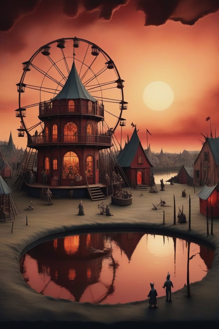 3D diorama model of Bosch's strange carnival hell,water colours,(ink lines:1.3),at sunset,dark red sky,dark shadows,(in the style of Hieronymus Bosch:1.2),chic colours,nostalgic,loneliness,old fashioned,photorealistic,realism