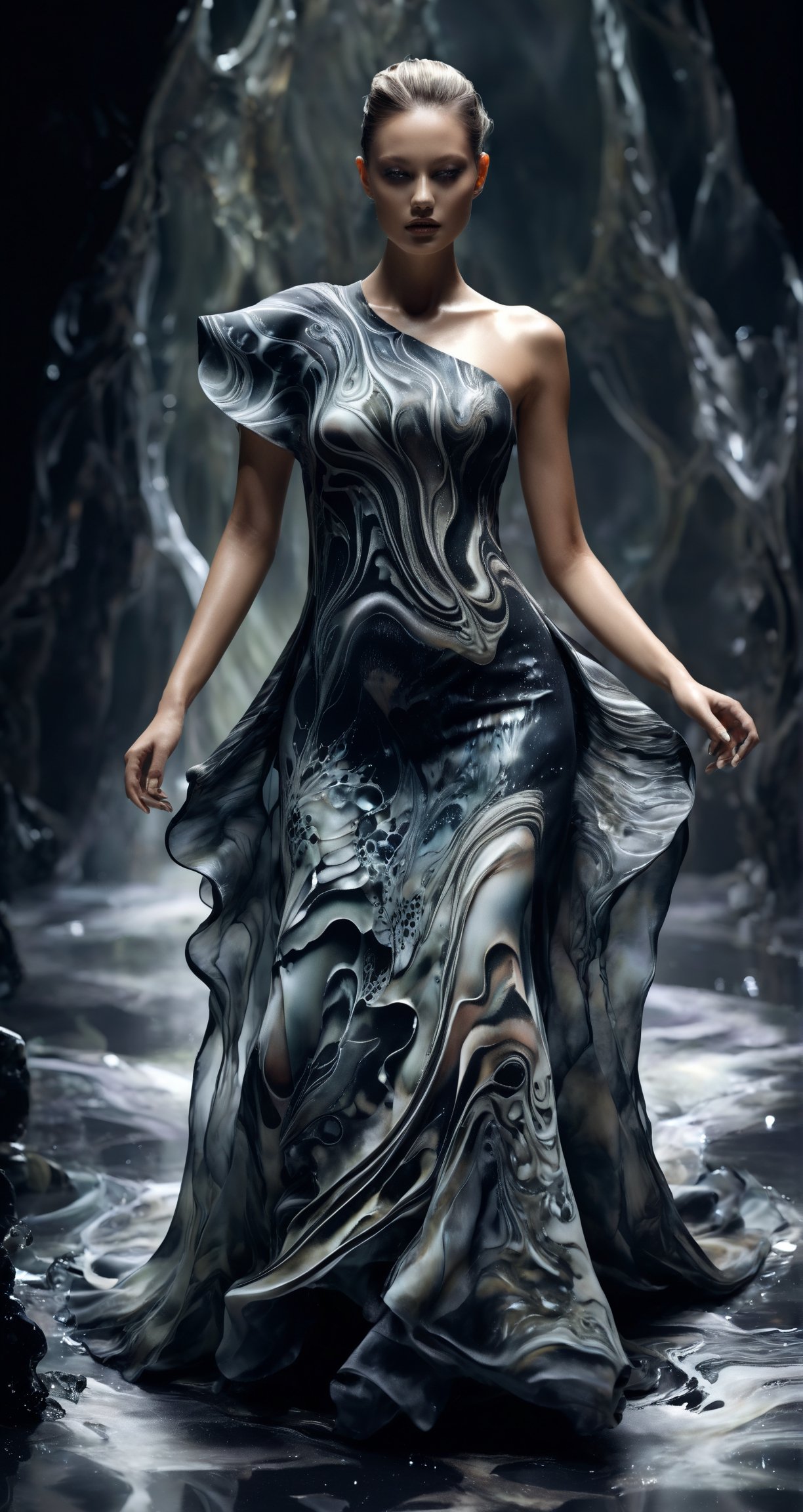 (biomorphism high fashion model), Biomorphic landscape, Delicate details, Splash art, concept art, dark color, Wearing a dress with a biomorphism design, 8k resolution blur, shiny glass effect,  