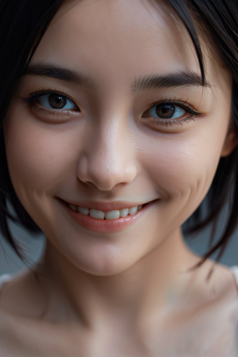 1 girl, black hair, depth of field, first-person view, f/1.8, 135mm, Nikon, UHD, retina, masterpiece, acurate, super detail, textured skin, anatomically correct, high details, 8k, pov, detailed face, smile