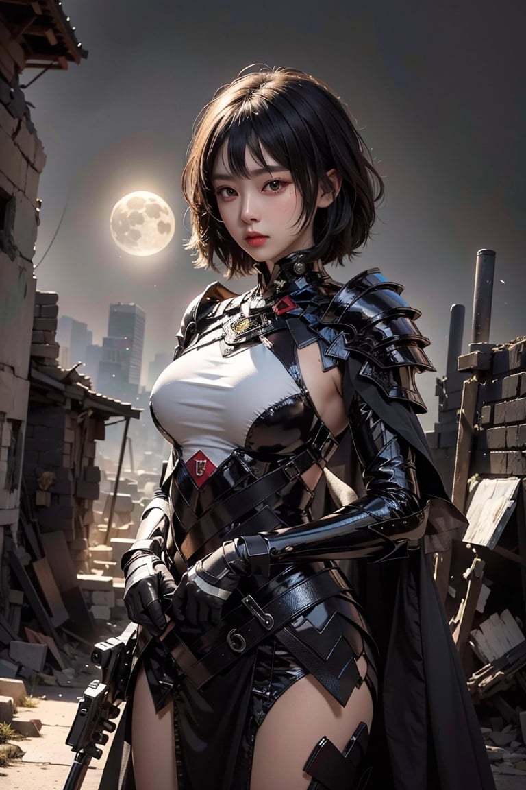 upper body photo,MASTERPIECE, Asian woman with serious eyes, short black flowing hair, wearing  armor, holding a large  gun in her hand, walking on the road of the ruined city at night, the background is the cosmic city, the picture is full of illusory , fires around, moonlight falling, strong Brushwork, high contrast, BEST QUALITY, high realism,EpicS,Detailedface,1gir1