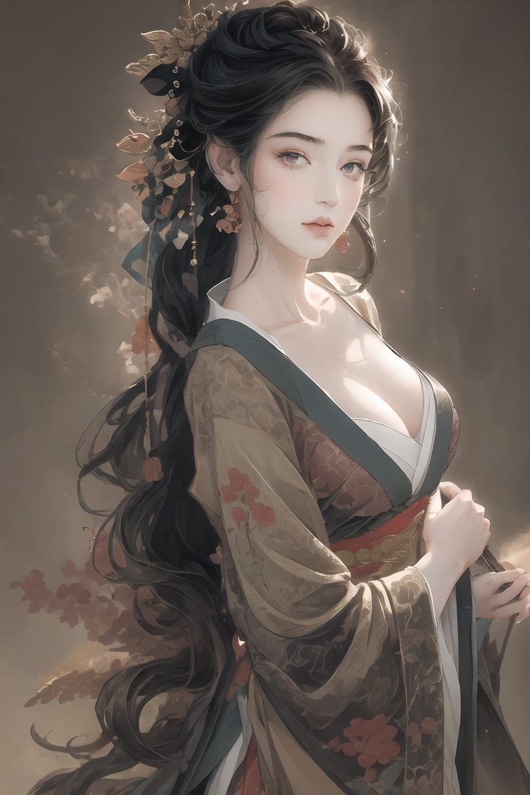 Natural Light, (Best Quality, highly detailed, Masterpiece:1.2), 16k, depth of field, ((wide shot)), 1girl  A lady with long black hair, barefoot, wearing a white strapless kimono, dark green silk thread, Transparent watercolor, splash ink rendering, chaos rendering, (beautiful and detailed eyes), (realistic detailed skin texture), (detailed hair), (realistic light and shadow), (clean outline, sketch style line art),ink splash