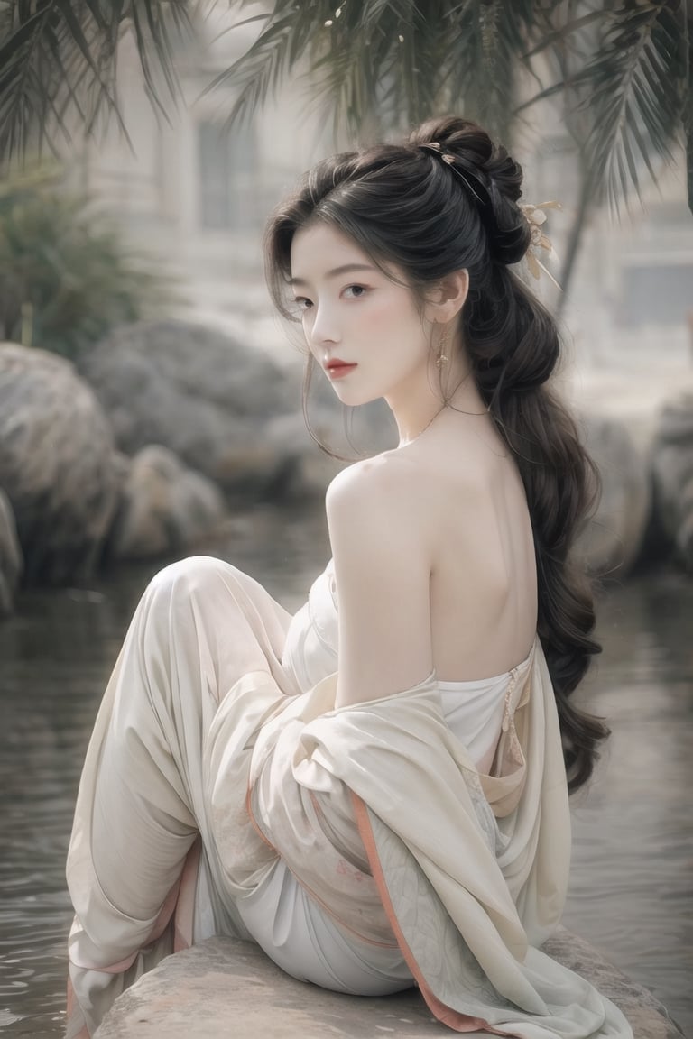 Natural Light, (Best Quality, Highly Detailed, Masterpiece: 1.2), 16k, Depth of Field, ((Wide Angle Lens)), 1girl A lady with long black hair, barefoot,full body,sitting on the riverside, wearing pure white strapless traditional white Chinese dress, white silk thread, transparent watercolor (Beautiful and detailed eyes), (Realistic and detailed skin texture), (Detailed hair), (Realistic light and shadow), (Clean outlines, sketch-style line art), splash ink, spectacle art and beauty, global popular art ,1 girl 