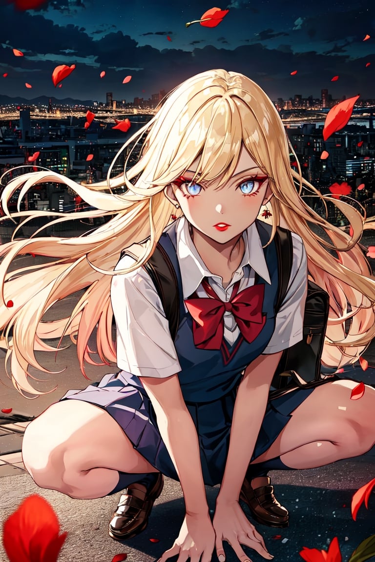 1girl, masterpiece, sharp focus, best quality, cinematic lighting, detailed outfit, perfect eyes, light blonde hair, glowing eyes, crouch, earrings, red lipstick, bad girl, eyeshadow, School bag, very long hair, leaves, floating petals, Tokyo city at night, student uniform, shirt, sharp eyes,school uniform,crouching on the ground,score_9