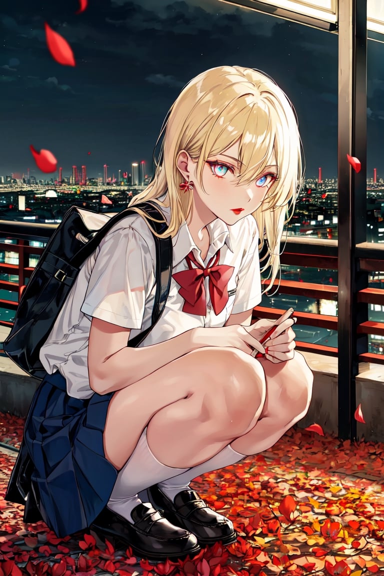 1girl, masterpiece, sharp focus, best quality, cinematic lighting, detailed outfit, perfect eyes, light blonde hair, glowing eyes, crouch, earrings, red lipstick, bad girl, eyeshadow, School bag, very long hair, leaves, floating petals, Tokyo city at night, student uniform, shirt, sharp eyes,school uniform,crouching on the ground,score_9