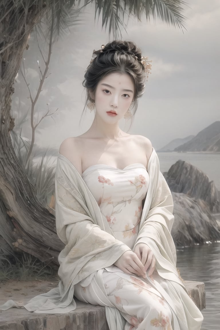 Natural Light, (Best Quality, Highly Detailed, Masterpiece: 1.2), 16k, Depth of Field, ((Wide Angle Lens)), 1girl A lady with long black hair, barefoot,full body,sitting on the riverside, wearing pure white strapless traditional white Chinese dress, white silk thread, transparent watercolor (Beautiful and detailed eyes), (Realistic and detailed skin texture), (Detailed hair), (Realistic light and shadow), (Clean outlines, sketch-style line art), splash ink, spectacle art and beauty, global popular art ,1 girl 