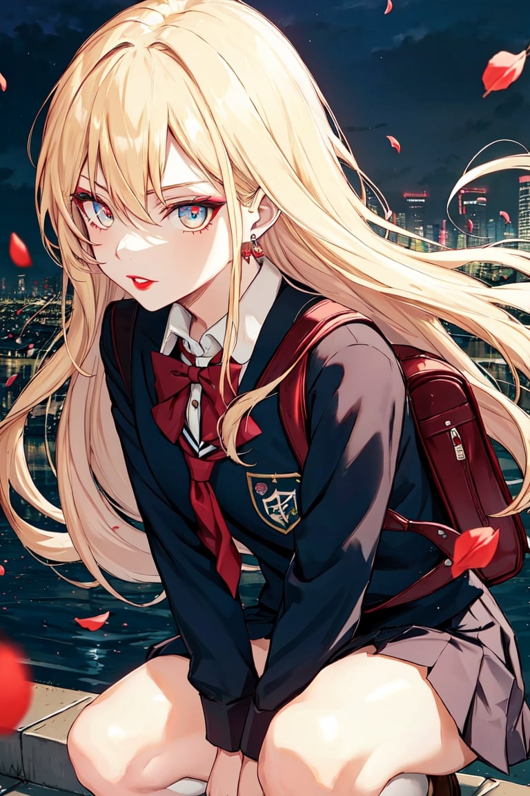 1girl, masterpiece, sharp focus, best quality, cinematic lighting, detailed outfit, perfect eyes, light blonde hair, glowing eyes, crouch, earrings, red lipstick, bad girl, eyeshadow, School bag, very long hair, leaves, floating petals, Tokyo city at night, student uniform, shirt, sharp eyes,school uniform,crouching on the ground,score_9