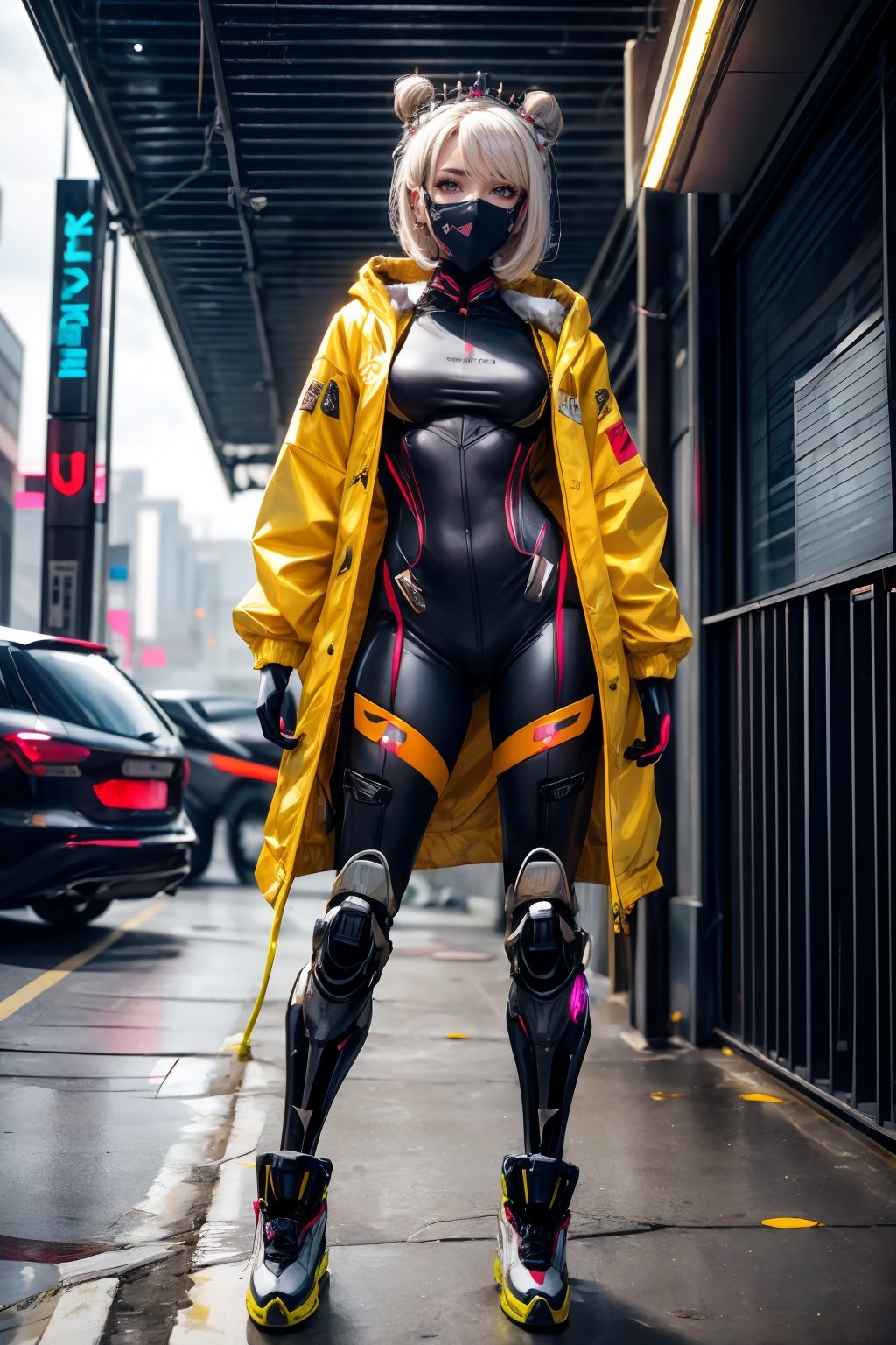 1girl, young_woman, single_hair_bun, white_hair, yellow_eyes, female_focus, crown, crown_at_the_head, futuristic_headphone, hood, hooded_jacket, jacket, white_jacket, white_cheongsam, long_cheongsam, open_clothes, futuristic_mouth_mask, luxtech, humanroid, exosuit, standing, full_body_portrait, fighting_pose, cyberpunk_city_background,