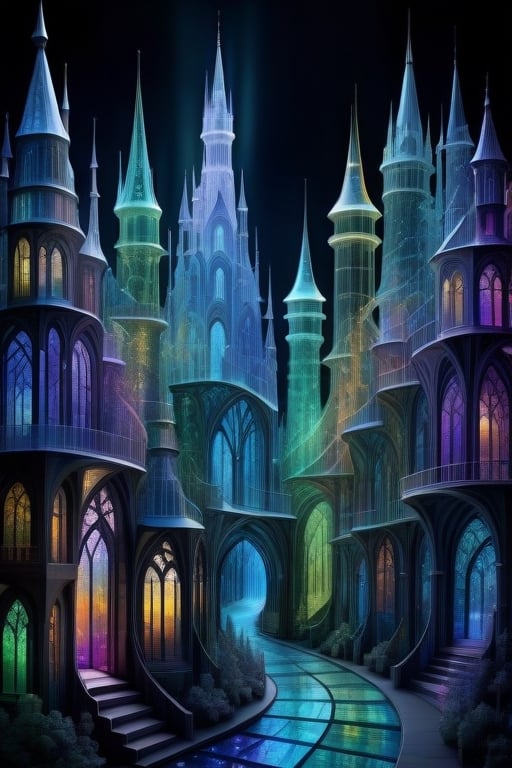 intricate luminescent city made of glass, ((with glowing gothic street with houses, ((and cristal luminiscente forest)) ral-crztlgls, multiple colored rays, mystical spiral streets, light refraction, light diffraction, visually attractive, balanced composition, rich color palette, inlay: General detail,