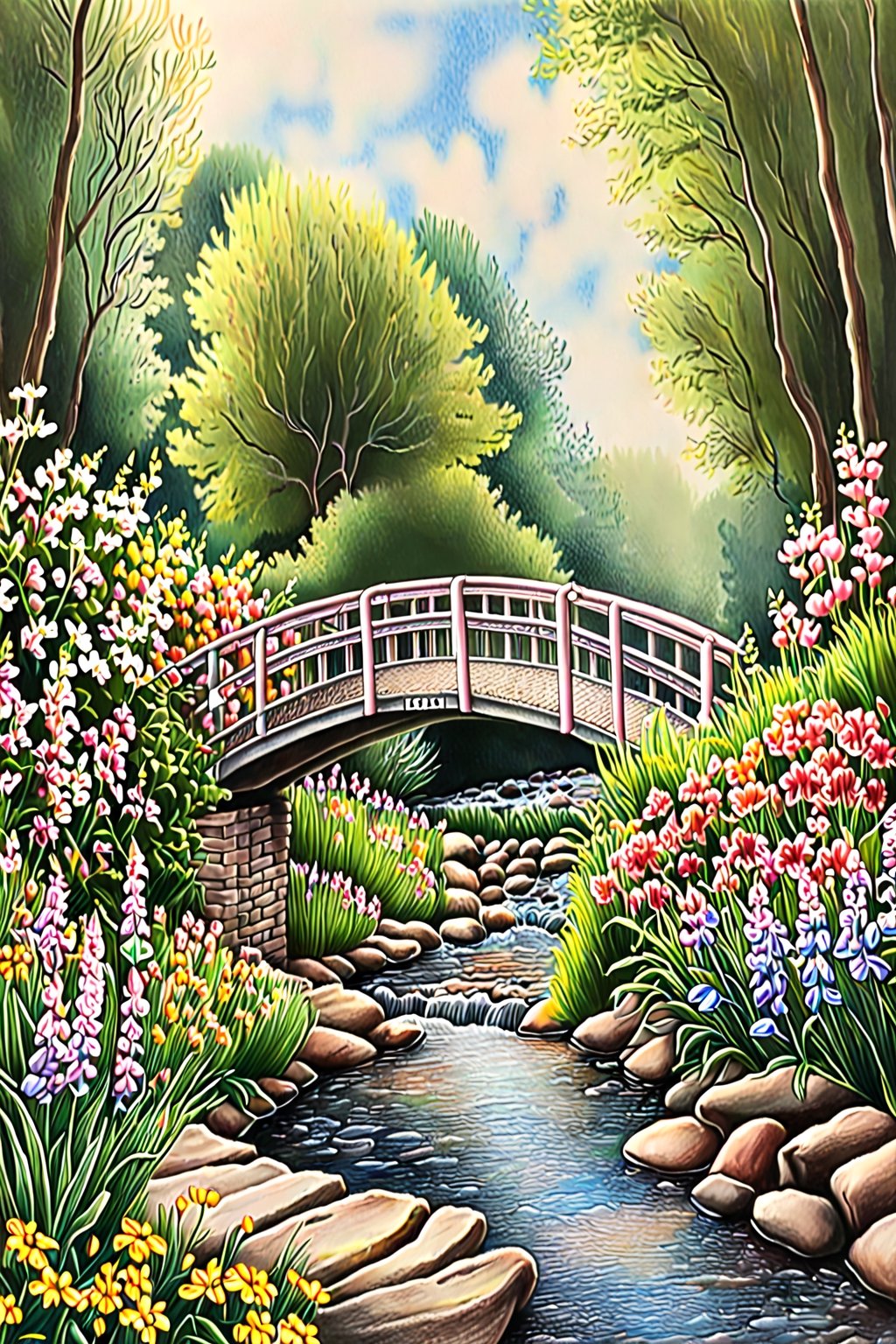 A pastel pencil drawing of a walking bridge over a stream with flowers everywhere