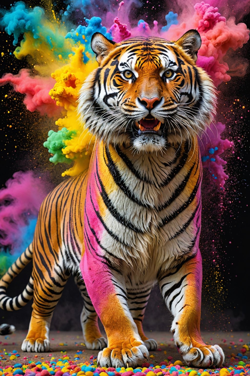 The appearance of colorful and colorful tiger.
The background shows rainbow-colored powder spreading like an explosion.
It is so ridiculous that it is hard to distinguish the front,

only asian dragon, Ultra close-up photography, Ultra-detailed, ultra-realistic, full body shot, 