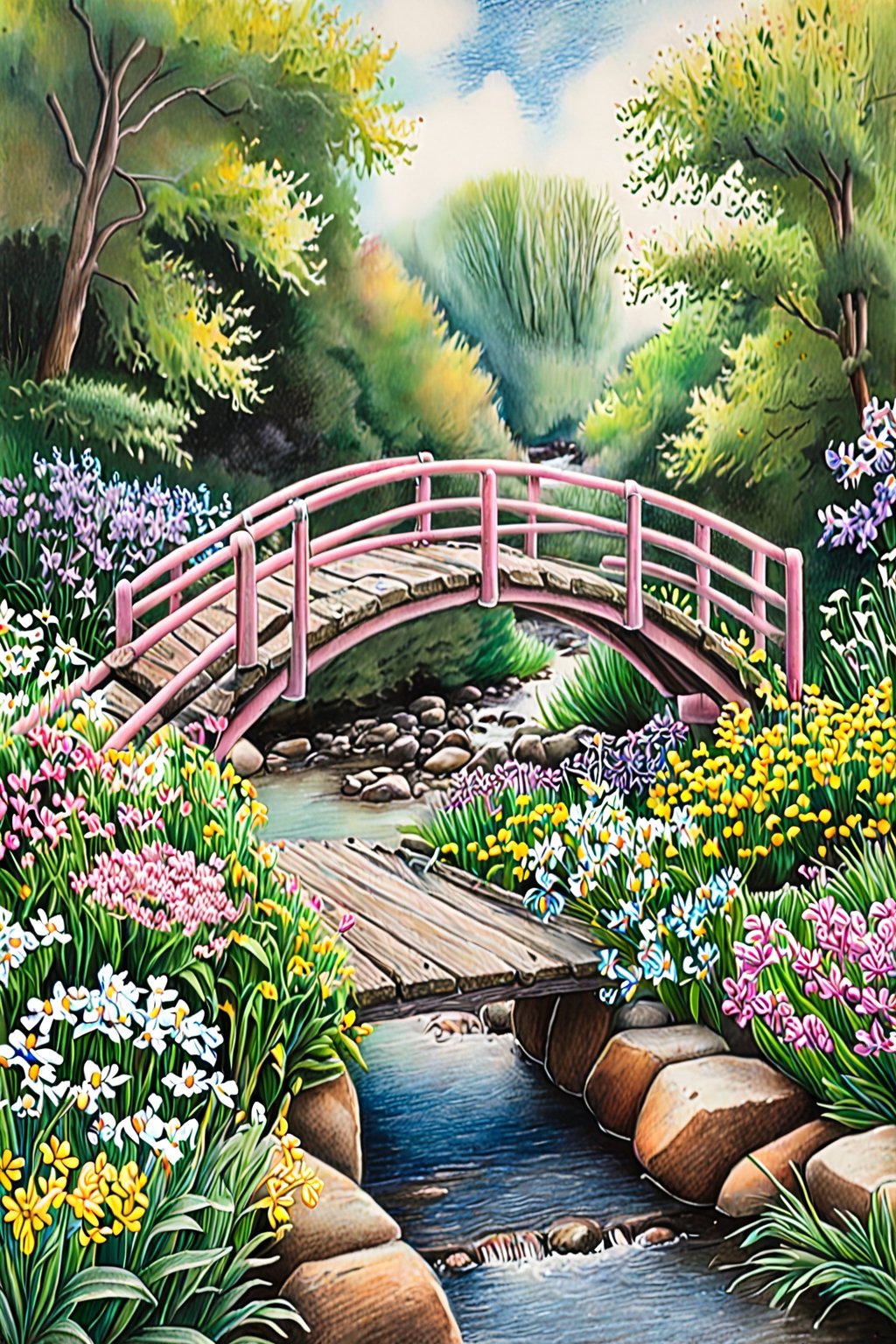 A pastel pencil drawing of a walking bridge over a stream with flowers everywhere