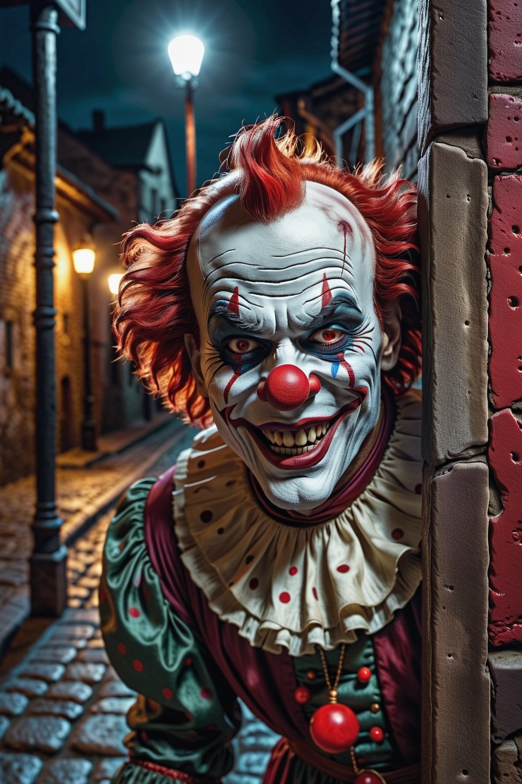 dark and gloomy night, alley of an old city, a diabolical clown waits behind a post, red eyes, macabre smile, walls with a hand-shaped blood mark , 8k UHD, extreme realism, ultra quality, maximum details