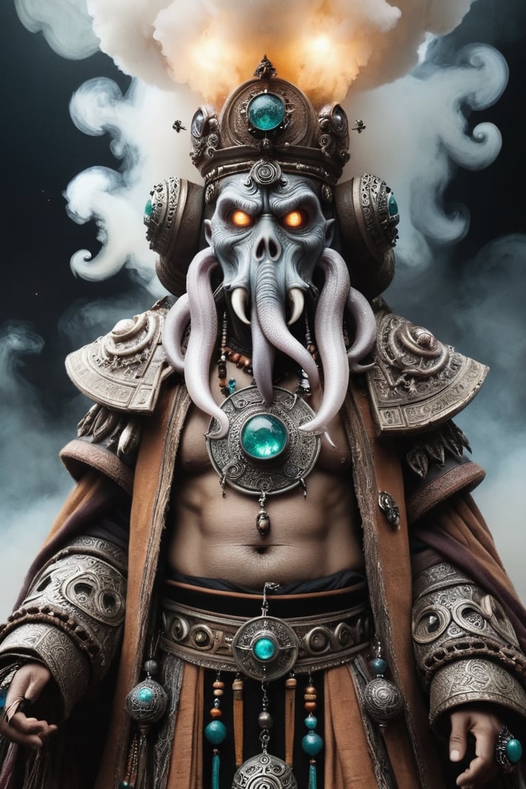 incredible depiction of a anthropomorphic octopus shaman, ancient and old, ornate trinkets, elaborate, tribal, beautiful, highly detailed and intricate, hypermaximalist, ornate, luxury, ominous, smoke, atmospheric desert, haunting, matte painting, cinematic, cgsociety, Antonio J. Manzanedo, Vladimir Matyukhin, Brian froud