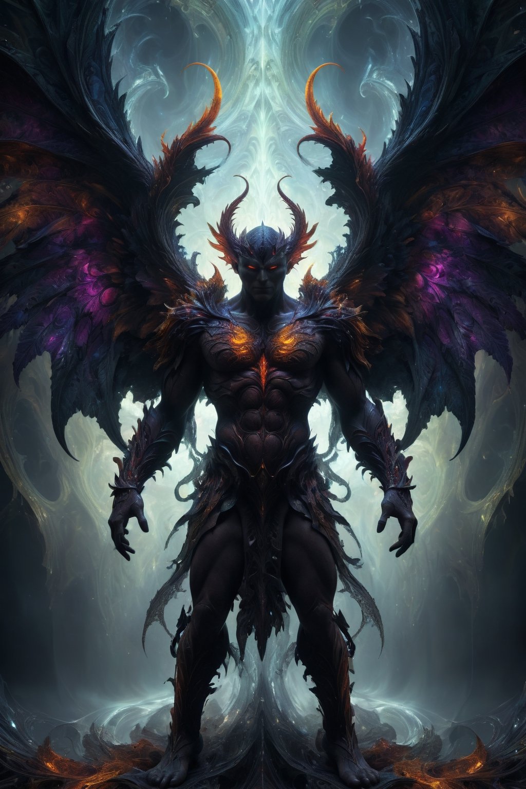 This image shows a man in the form of a demon with angel wings standing full body and with a sinister and obscure background in an abstract 3D fractal style. The demon looks realistic, with intricate details and vibrant colors bringing him to life. The composition of the image is captivating, with the man seemingly emerging from a chaotic and mesmerizing fractal pattern. The 3D fractal style gives the image a unique and surreal feel, making it stand out from other images. The lighting and framing of the image further enhance its beauty, creating a stunning ominous and dark look for viewers to enjoy.