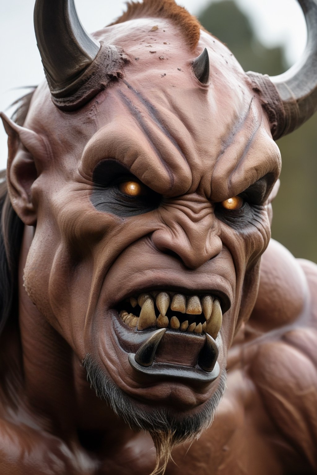 A large muscular humanoid creature with leathery skin, one regular size eye in the middle of his forehead, one medium sized horn just above the eye on his forehead, large jagged rotten teeth.