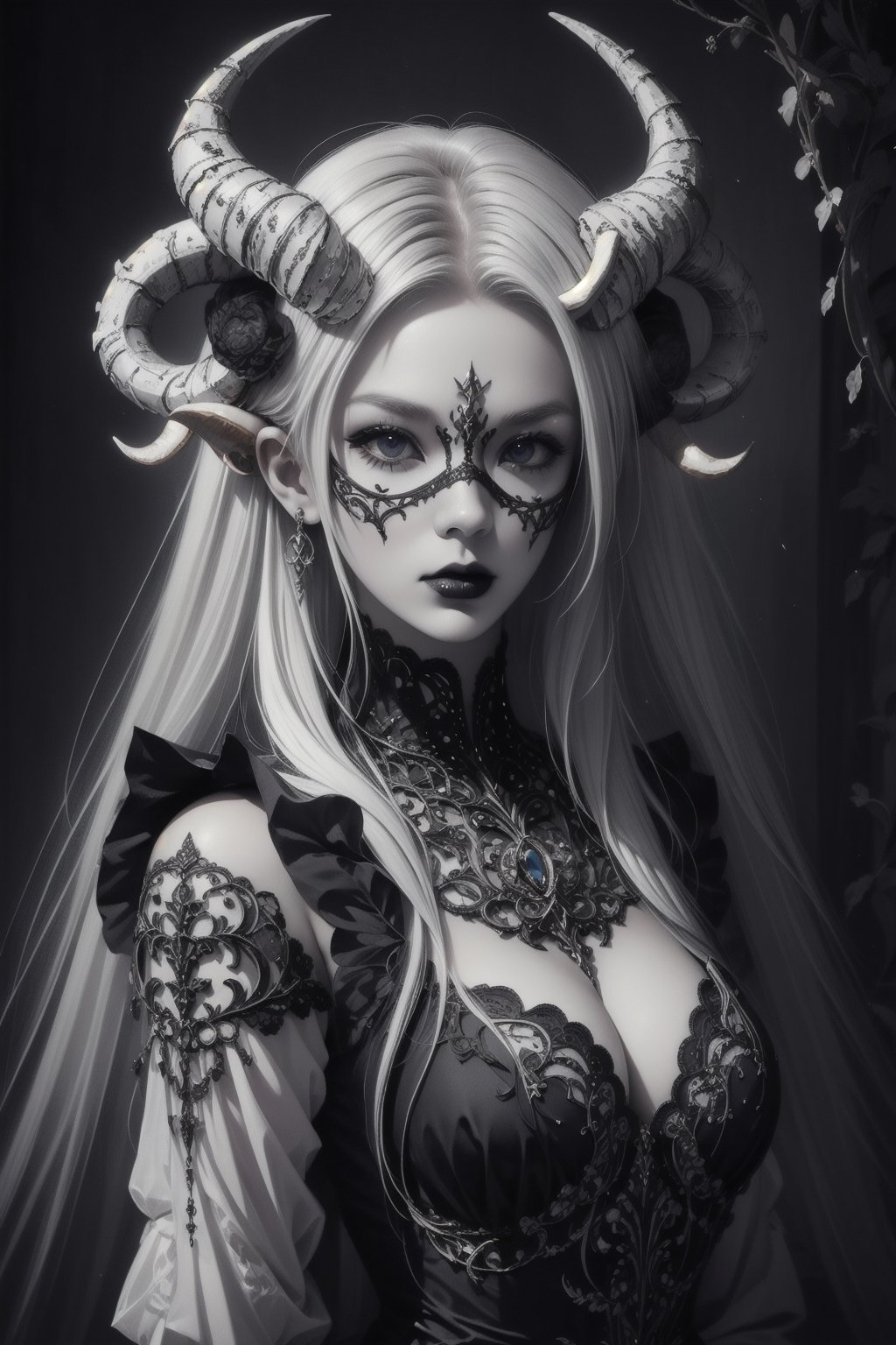 1girl,.albino demon little queen, (long intricate horns), a sister clad in gothic punk attire, face concealed behind a striking masquerade mask,themed,white_aesthetics,photorealistic,Masterpiece,Realistic,dark fantasy