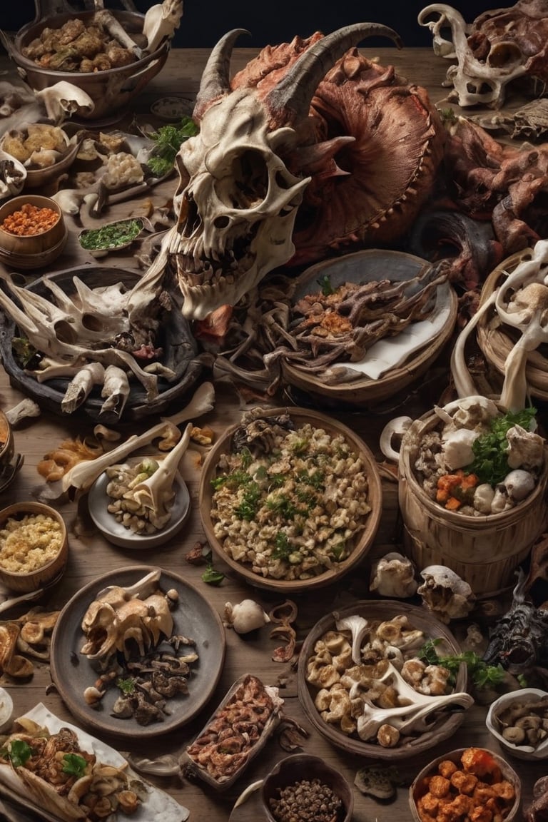 generate hyper realistic images of demons, genies, eating, eating bones, large animal bones. Several demons and genies are eating together. Conveying information that devils and genies really like bones as their food