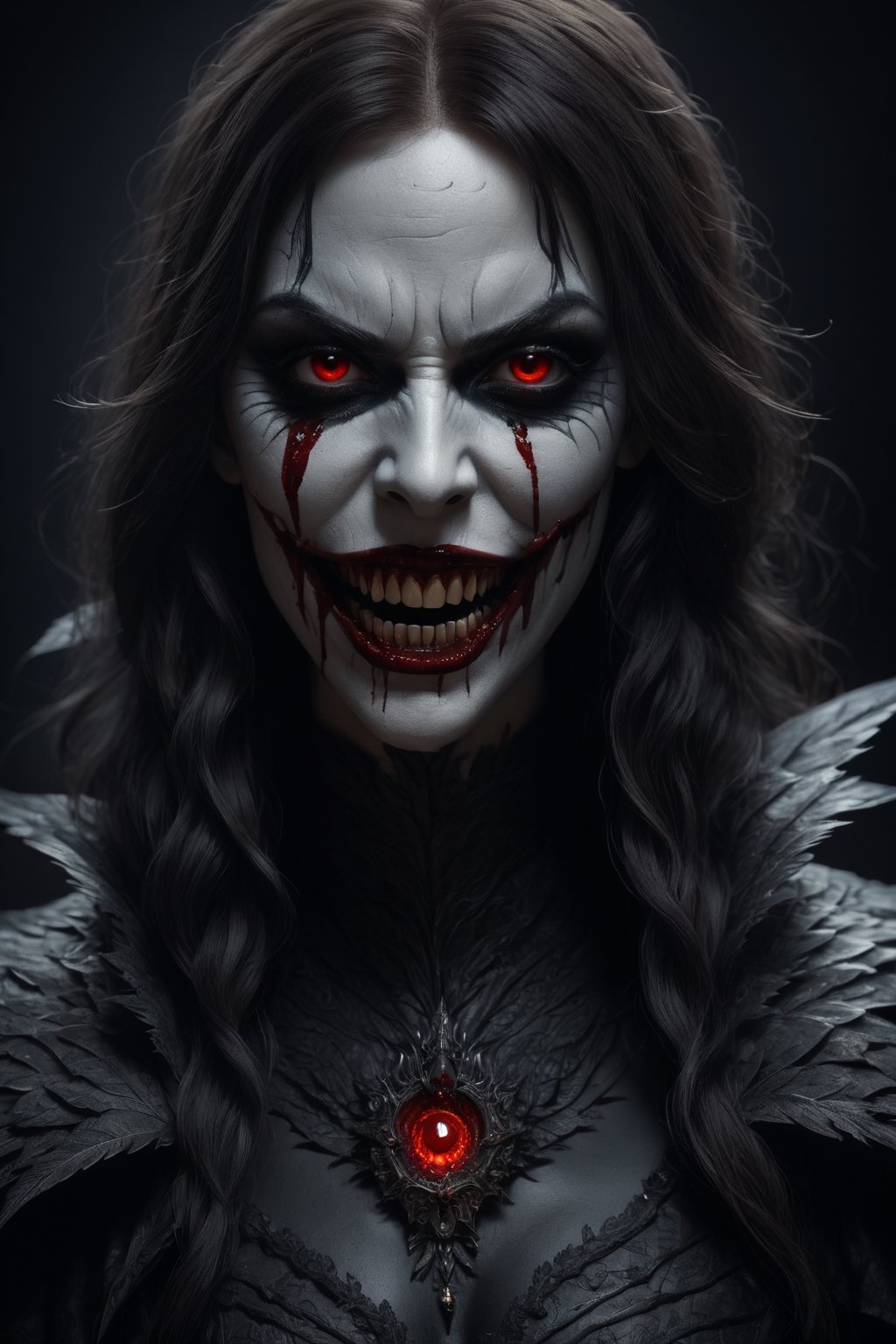 Horrifying dark art, full body view, full face painting of a  creepy, scary female vampire showing ((fangs)), blood in the mouth, blood dripping from teeth, still frame with 1200k ultra high detailed eyes face skin, ((volumetric lighting, insane details, intricate textures, perfect details), hd, masterpiece, award-winning photograph, (ultrarealistic, natural feather structure, detailed textures), [by Caravaggio], beautiful 1200k sharp eyes, 1200k sharp high detailed nose, Halloween ultra realistic, concept art, intricate details, eerie, highly detailed, photorealistic, octane render, 1200 k, unreal engine. art by artgerm and greg rutkowski and alphonse mucha, filipe pagliuso and justin gerard, fantasy, highly detailed, realistic, intricate, glowing eyes, The Void, Terrifying Darkness, Absolute Nothingness, by Keith Thompson and Neil Blevins, Digital Horror Artwork, 8k zombie Halloween theme,monster,whiteeyes