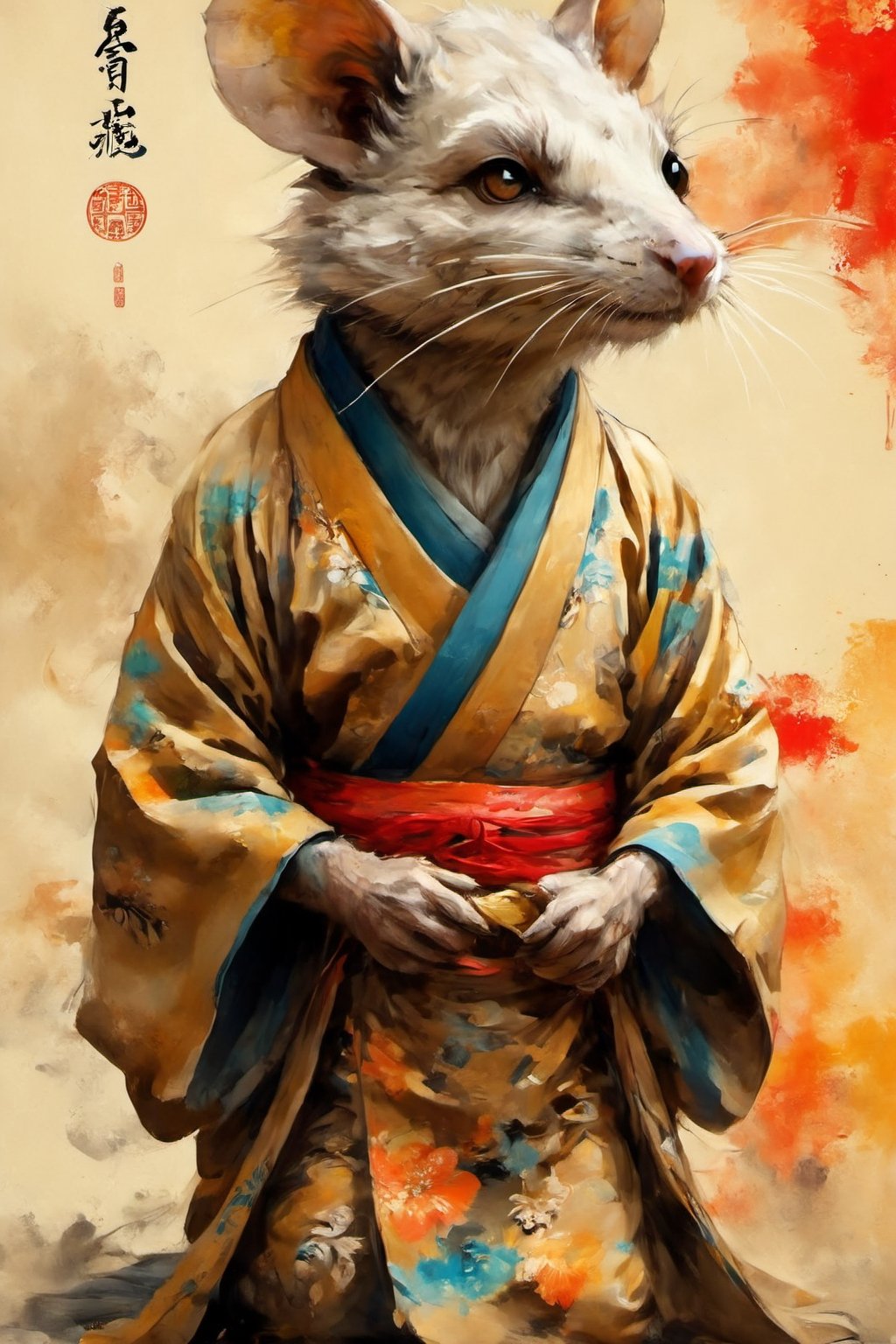 full-body psychedelic picture .Generate hyper realistic image of an ancient scroll featuring an ink wash painting of an animorphic old wide brown street Rat dressed in a Japanese kimono, surrounded by traditional brushstroke elements, creating an evocative piece reminiscent of classical Asian art, Movie Poster,Movie Poster, sharp focus, intense colors, vibrant colors, chromatic aberration,MoviePosterAF, UHD, 8K,oil paint,painting