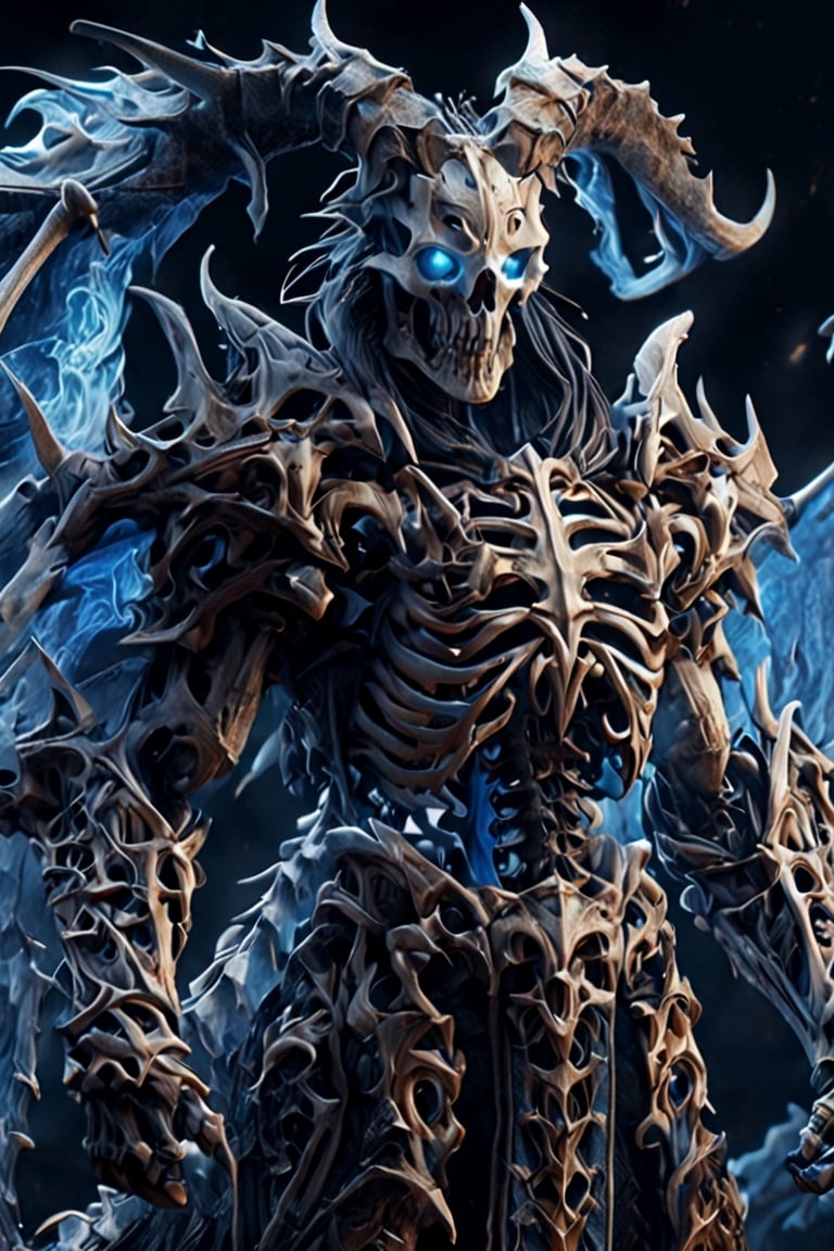 Create a hyper-realistic image of a skeleton dragon breathing blue flames, blue eyes on fire, scary and terrifying...nightmare background. Very detailed. high resolution, highly detailed, sharp focus.8k, More details, demonic look with fire in his hands, body covered in multi-hoofed armor, helmet, helmet, horns, holding a weapon, muscular, shiny, holding, muscular, shoulder armor, gauntlets, fire, axe, glowing eyes, leg armor,