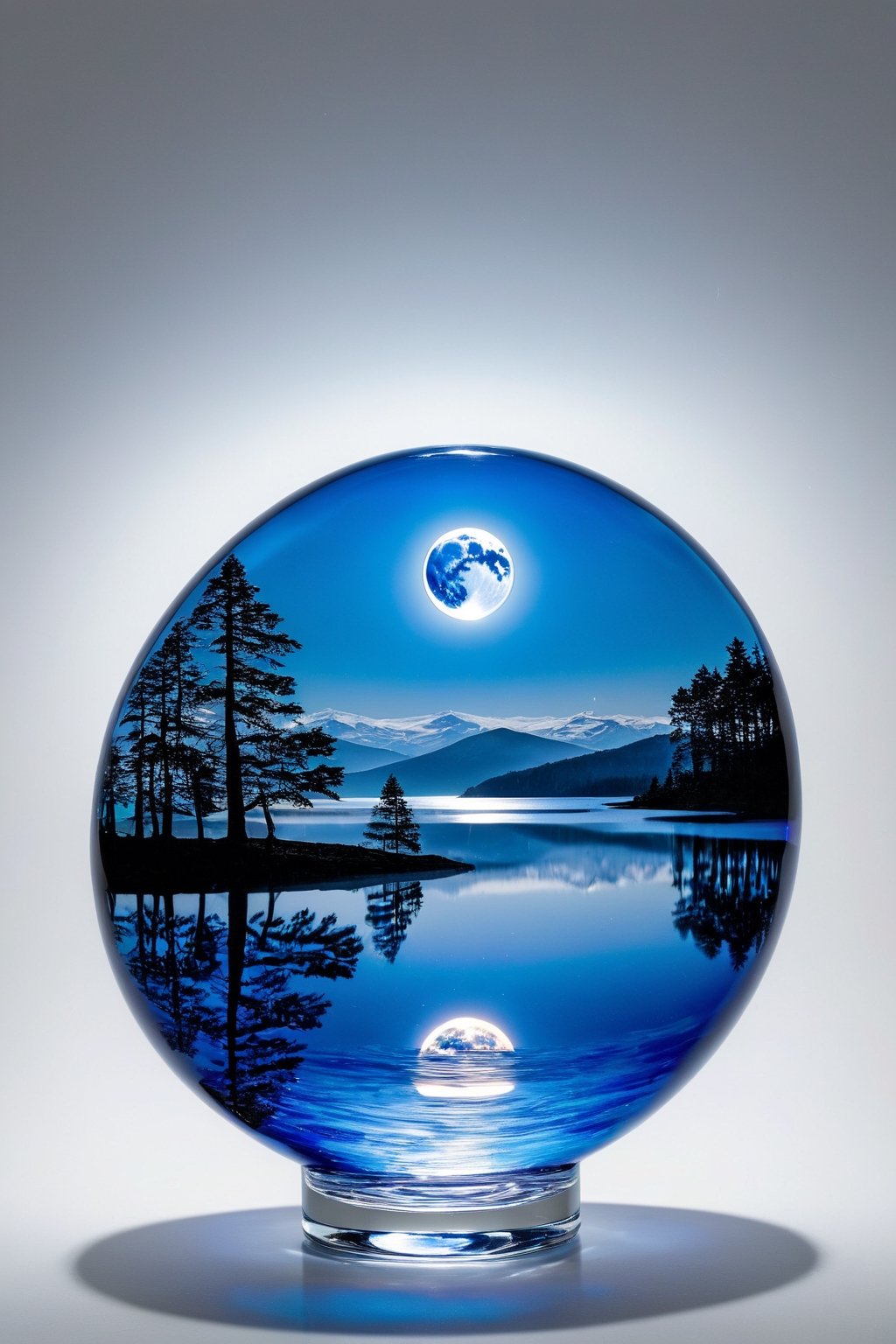 An extremely beautiful blown glass creation with an image insie of a blue moon over a beautiful lake