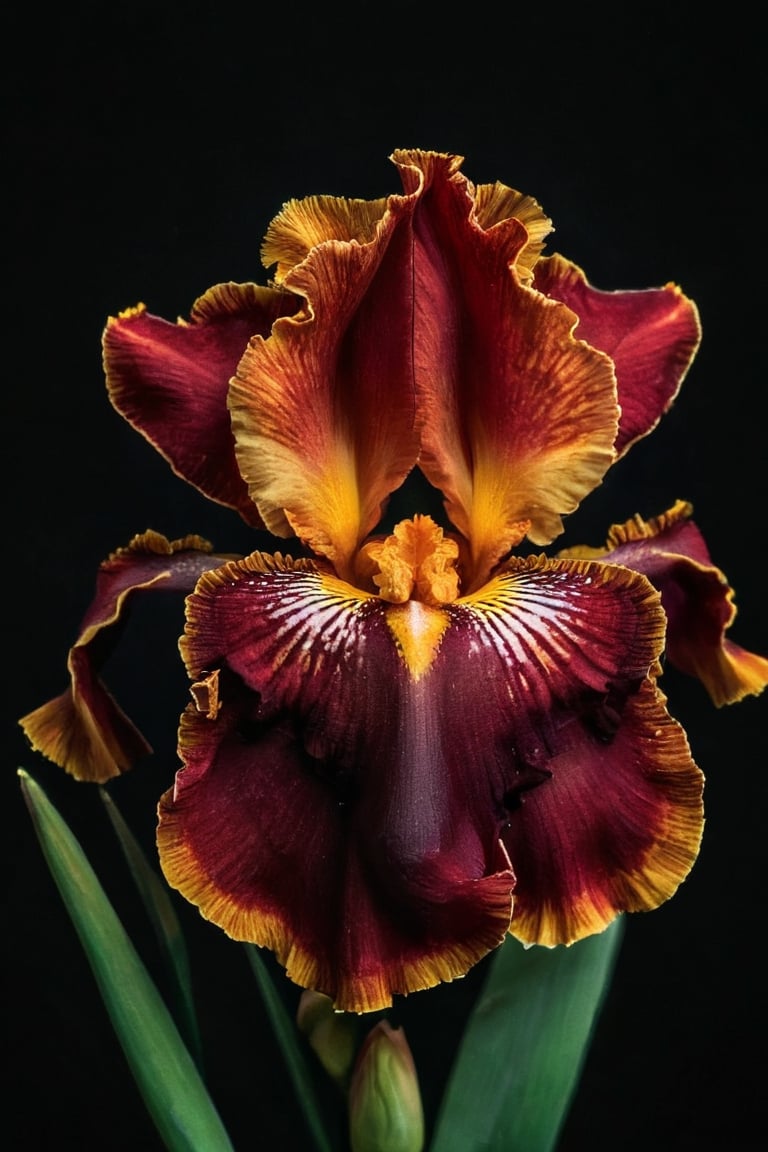 A beautiful Red with yellow center iris view from above with a black background
