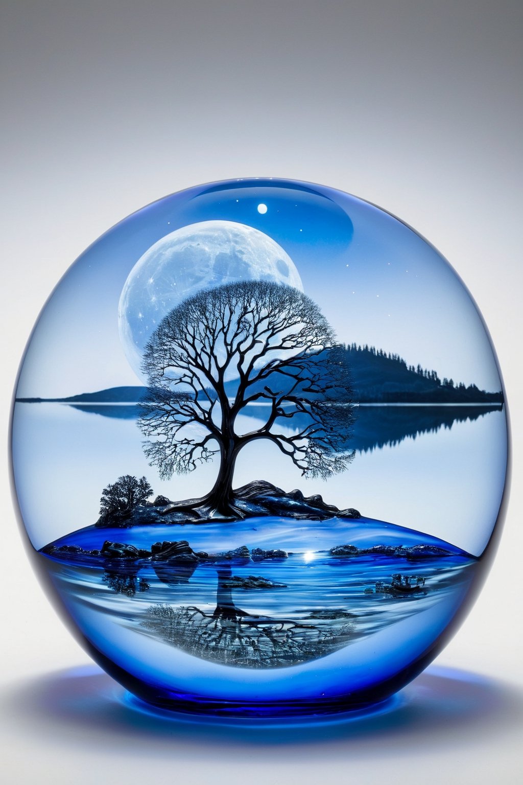 An extremely beautiful blown glass creation with an image insie of a blue moon over a beautiful lake