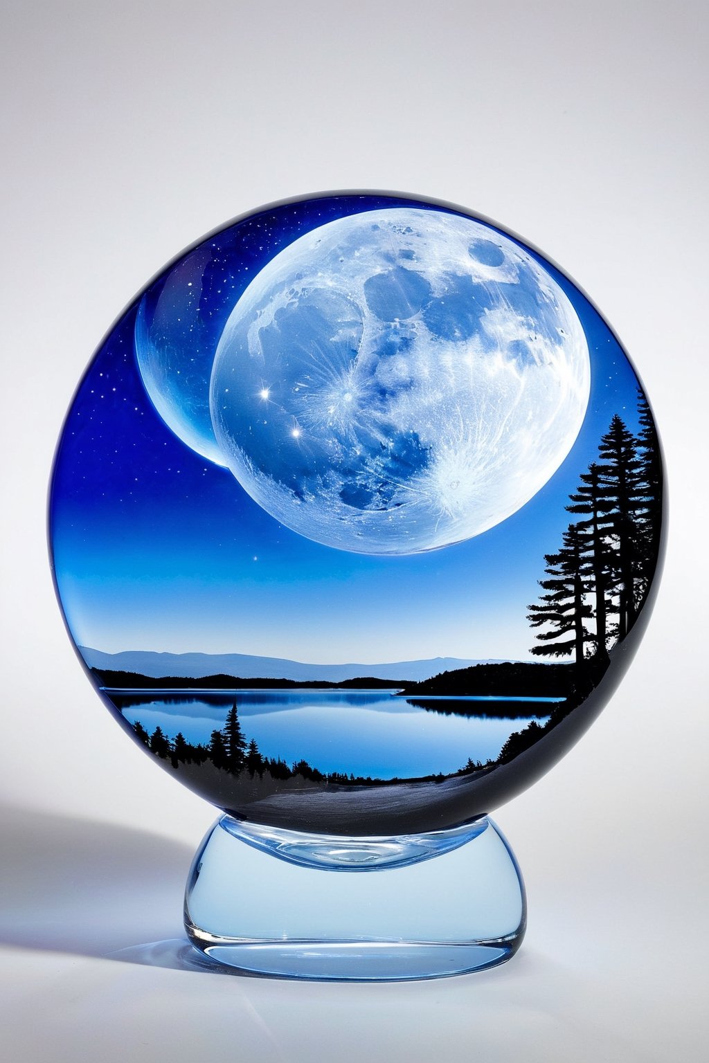 An extremely beautiful blown glass creation with an image insie of a blue moon over a beautiful lake