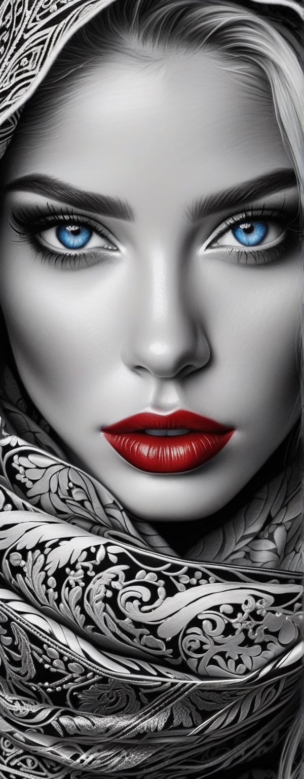 Pencil illustration, black and white, girl adorned with a scarf, her makeup enhancing her features, filigree adding elegance, (((shiny blue eyes, shiny red lips))), octane rendering, ultra-detailed, hyper-realistic, high quality masterpiece, shadows and textures creating depth and dimension, chiaroscuro effect, intricate details captured in each strand of hair and stitch of the scarf.