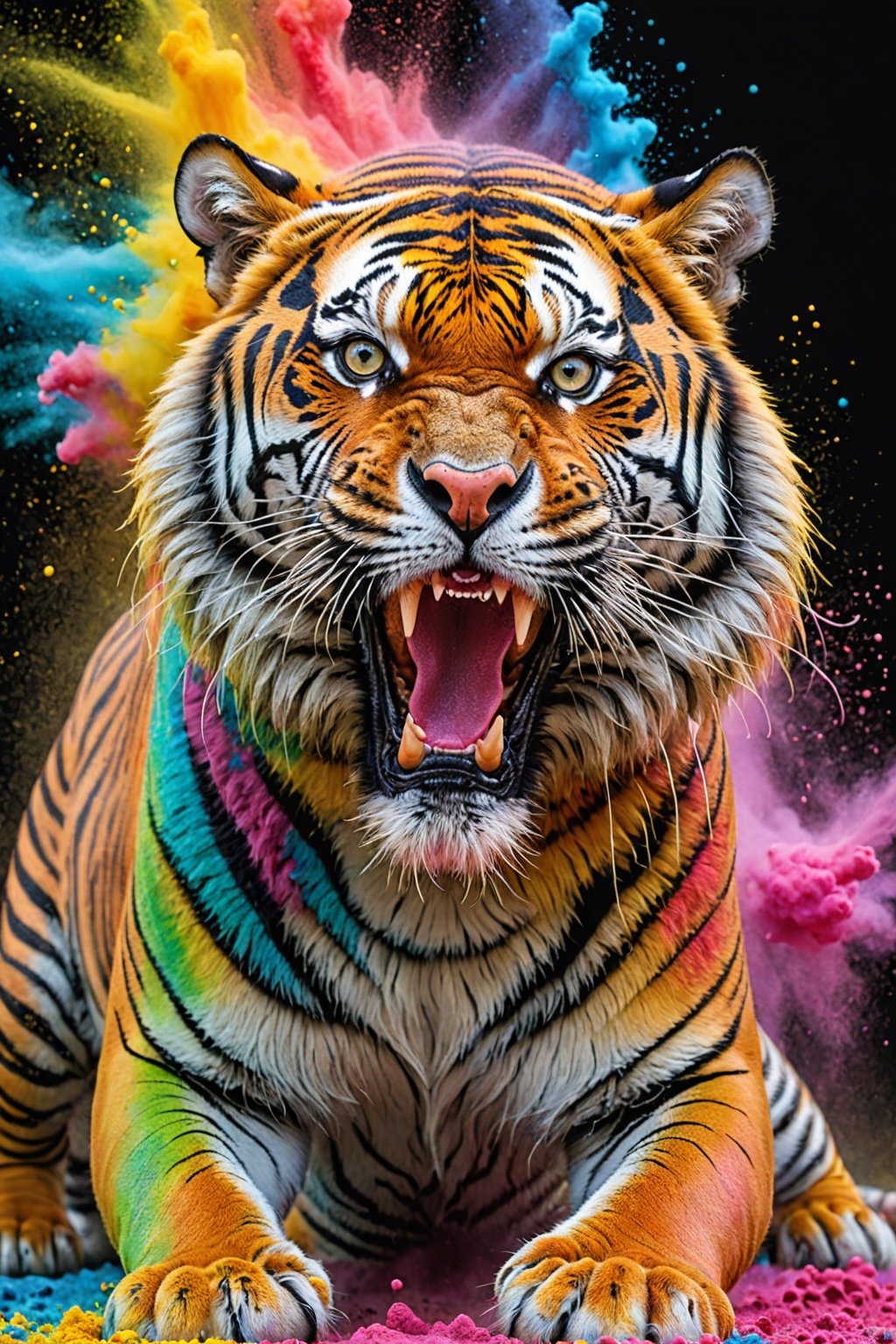 The appearance of colorful and colorful tiger.
The background shows rainbow-colored powder spreading like an explosion.
It is so ridiculous that it is hard to distinguish the front,

only asian dragon, Ultra close-up photography, Ultra-detailed, ultra-realistic, full body shot, 