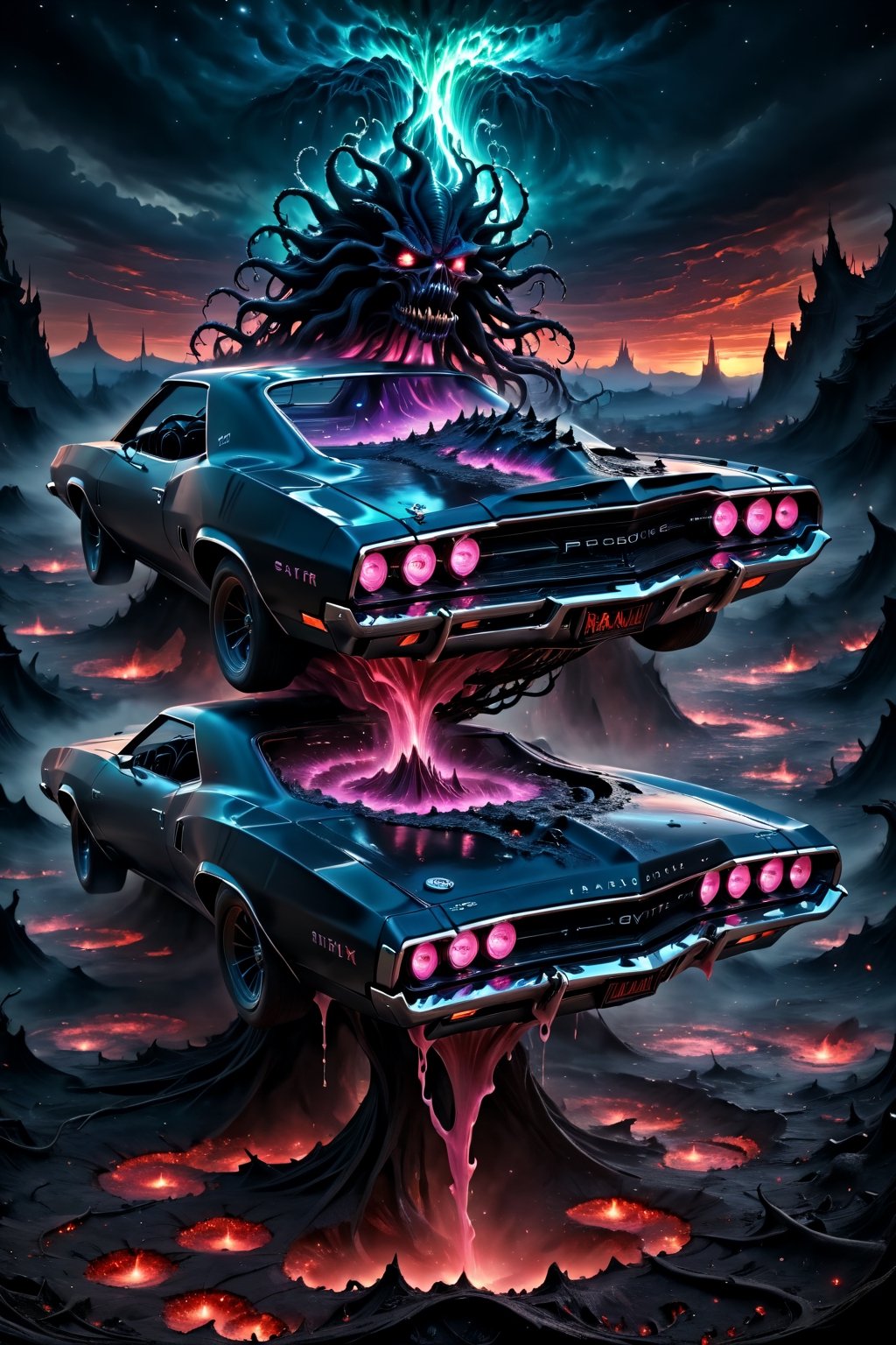 A psychedelic , 8k Hyper Realistic and Digital Painting mash-up: A hauntingly beautiful yet psychedelic 1970 Plymouth gtx planning figure majestically emerges from a pit of shattered nightmares, Its nightmarish form infused with animate peppered daemons, Cellular swirls ooze from its metal hide, manifesting the discordant, fractured underworld of the Demogorgon realm. The raw, primal power of the car engine resonates with the savage emotions portrayed, alternating between displaying menacing defiance and disquieting vulnerability, Bathed in an ethereal, composite glow, with pipe-like tendrils reaching into the eroding darkness belowmovement, Cybernetic Illusion, chassis bares Grimy, Husk aesthetic coupled with Flowing Elixir of servo Failings identical to enchanted nectar, sordid build conveying desire of rebirthed stroke while Tendrils kiss against its filigree beauty. 

As the echolocation of fear bleeds into unprecedented extremes, the Demogorgon's polymorph along Fraying Collision of dread unleashes thevelleidorfotic Wild discord shaking with torn Hyper Reality contrast, the underworld bewildering optical exotications: Translucent daemons fortuitously swarming amid scattered frags, and an eerie harmonious illumé o'en manifests the phantasm ghastly stratagem divine ----- equally dislodging everything else - Amid the relentless entropy, the 1971 Plymouth Cuda's silhouette continues to guide instincts throughout the unfathomable Demogorgon's wimple whiplash, leaving chaos in a strikingly euphoric suspension - forcing ra weird surreal cosmos for the vulnerable crew of the Stranger Things.

And shall the stereotype be broken, ostensibly forcing grey matter raided deep into rectified retroactive rearrangements.,skirtlift,nude,open mouth, ,spcrft,c_car