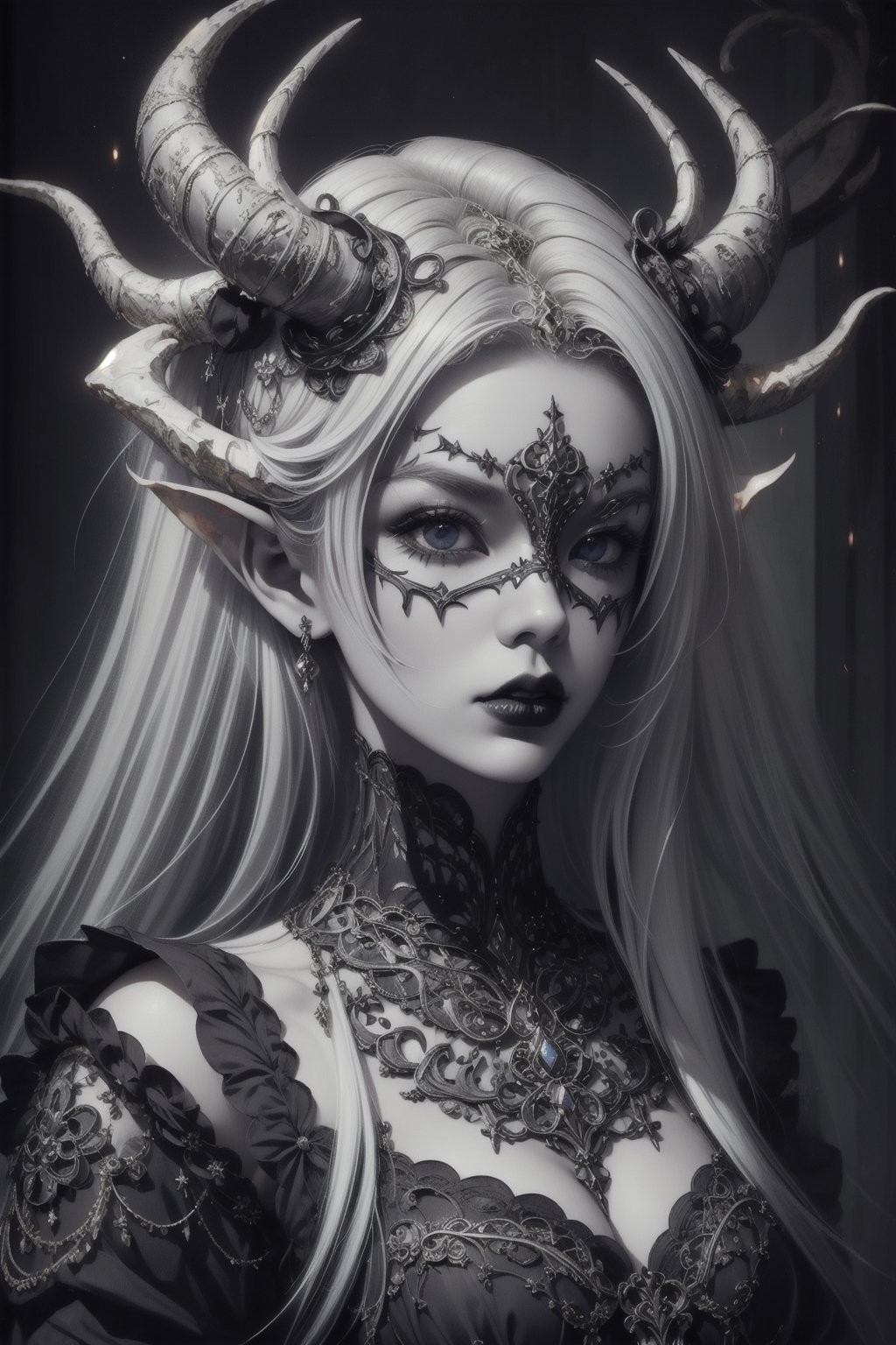 1girl,.albino demon little queen, (long intricate horns), a sister clad in gothic punk attire, face concealed behind a striking masquerade mask,themed,white_aesthetics,photorealistic,Masterpiece,Realistic,dark fantasy color image