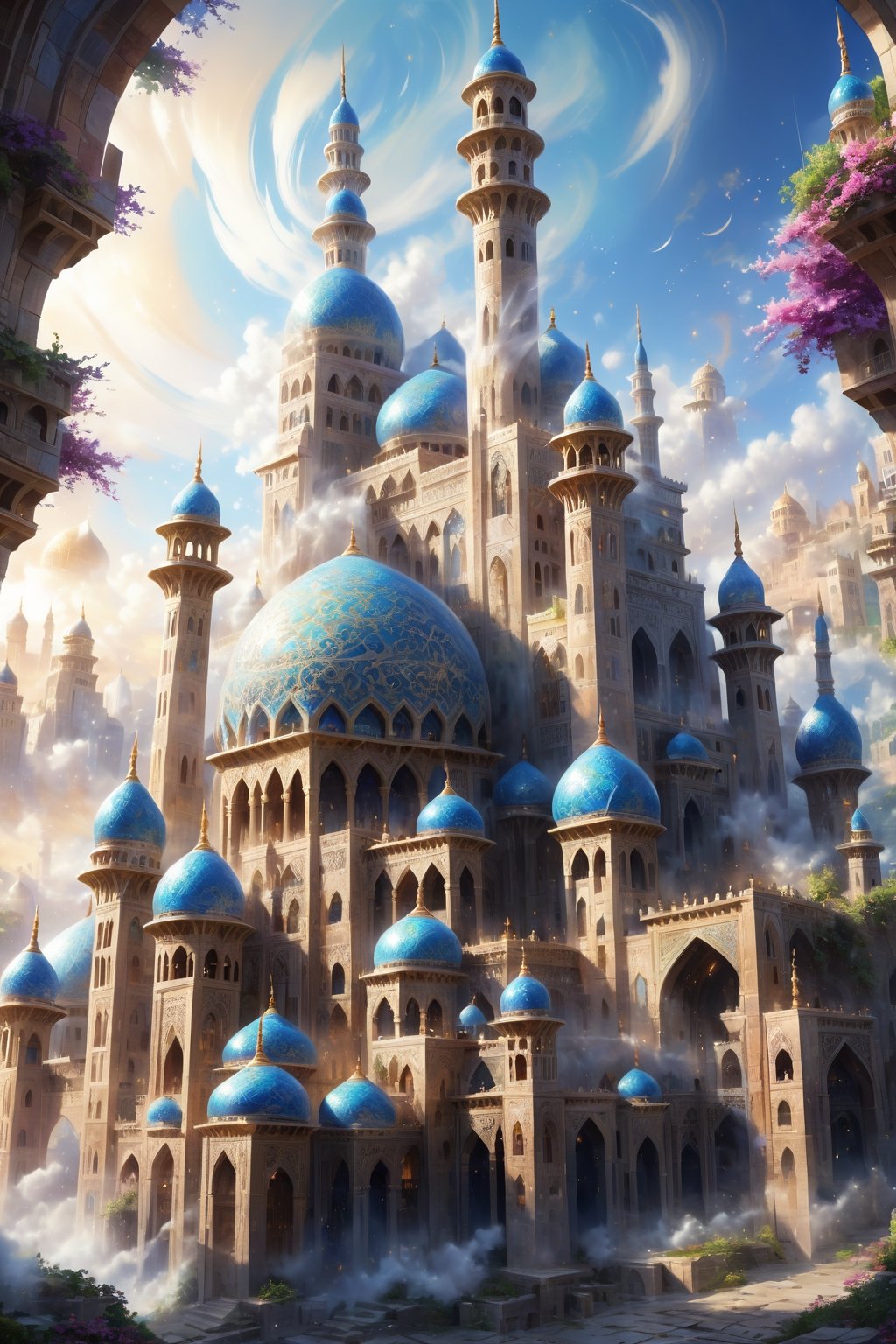 Build a mosque, Great castle, art photography, impressionism, an airbrush painting, masterpiece 8k wallpapper, visionary art style, depth of field, 64 megapixels, detailed painting, splash art, atmospheric dreamscape painting, intricate ornate anime cgi style focus, an oil painting
