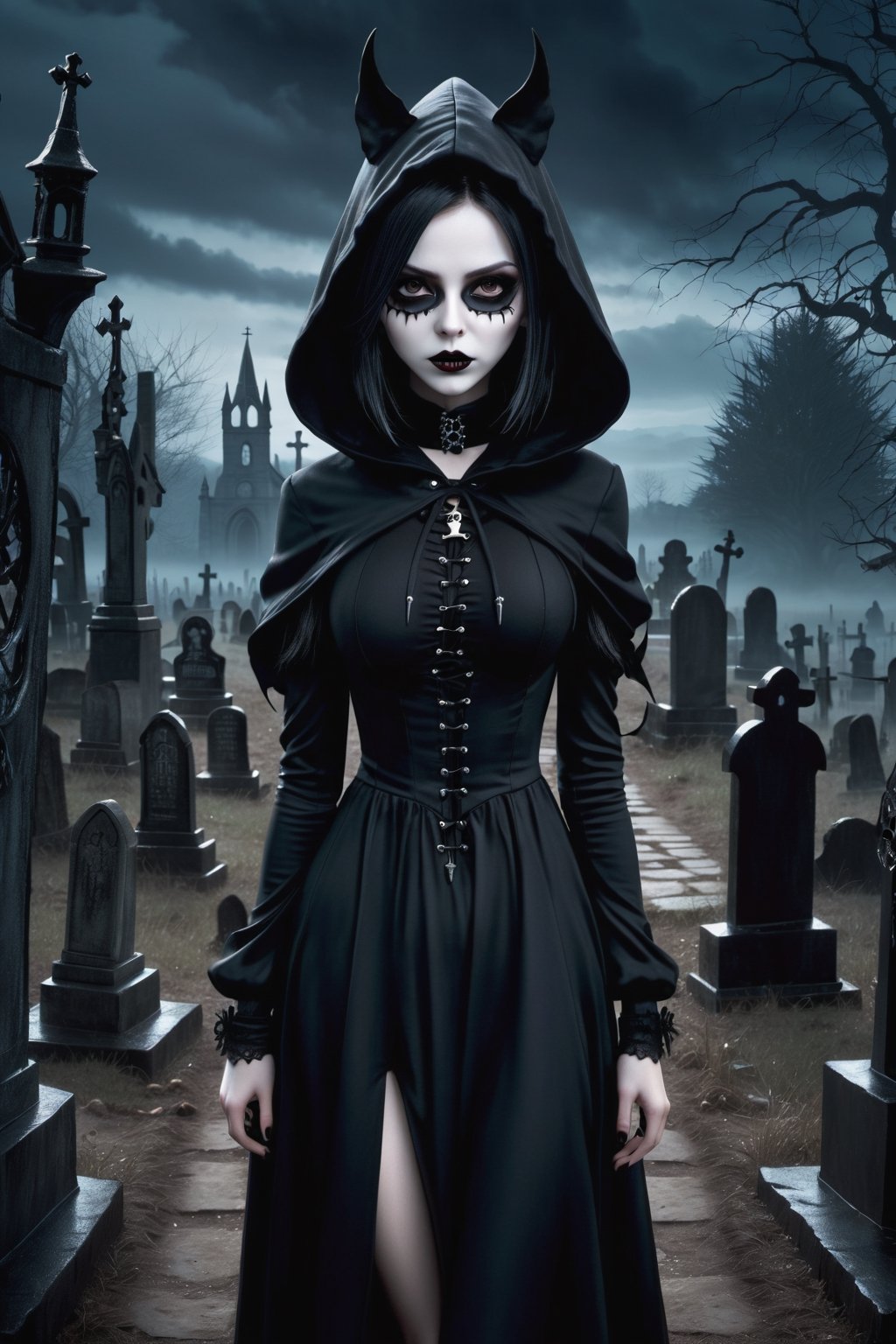 style,(masterpiece, top quality, best quality, beautiful and aesthetic,1.2,high res, ultrasharp, 8k, masterpiece, looking at viewer, centered, key visual), Girl, mask, smaller tits, black coat with a hood, long black dress, sexy, graveyard in background, dark mood, scary, seductive expression,goth person