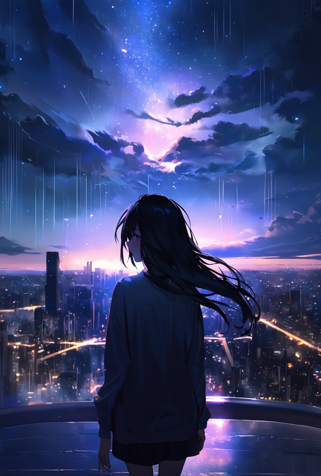 The scene is endlessly beautiful evening darkness transformed into a deep and enchanting night sky, adding a profound beauty to the composition. Looking up at this enchanting vast sky is a woman with beautiful long black hair seen from behind. The city is beautifully illuminated and reflective after the rain. The cartoon-like image retains the ultra-high definition and delicate detail, while the realism and HDR effects bring out the beauty of the evening sky and the vast, beautiful city.

Emphasizes the quality and style of "Hasselblad 500C/M" photography, with an emphasis on capturing the subtle details of her direct view and casual attire in natural outdoor lighting.