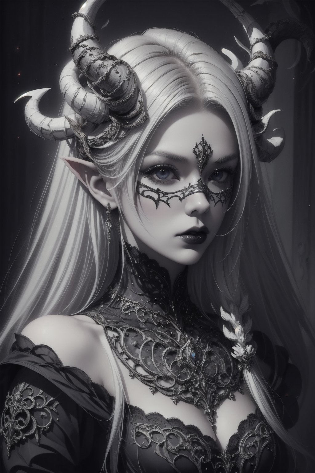 1girl,.albino demon little queen, (long intricate horns), a sister clad in gothic punk attire, face concealed behind a striking masquerade mask,themed,white_aesthetics,photorealistic,Masterpiece,Realistic,dark fantasy