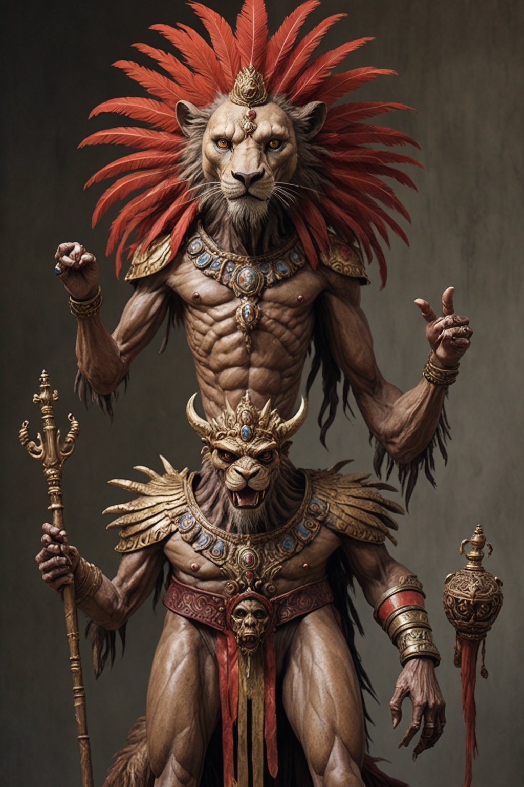 an extraordinaily tall man with teak-colored skin and three sets of arms, wearing a flowing ostrich-feather headdress, his face painted with red stripes, riding an irritated golden lion, two of the six hands holding tightly to the beast's mane