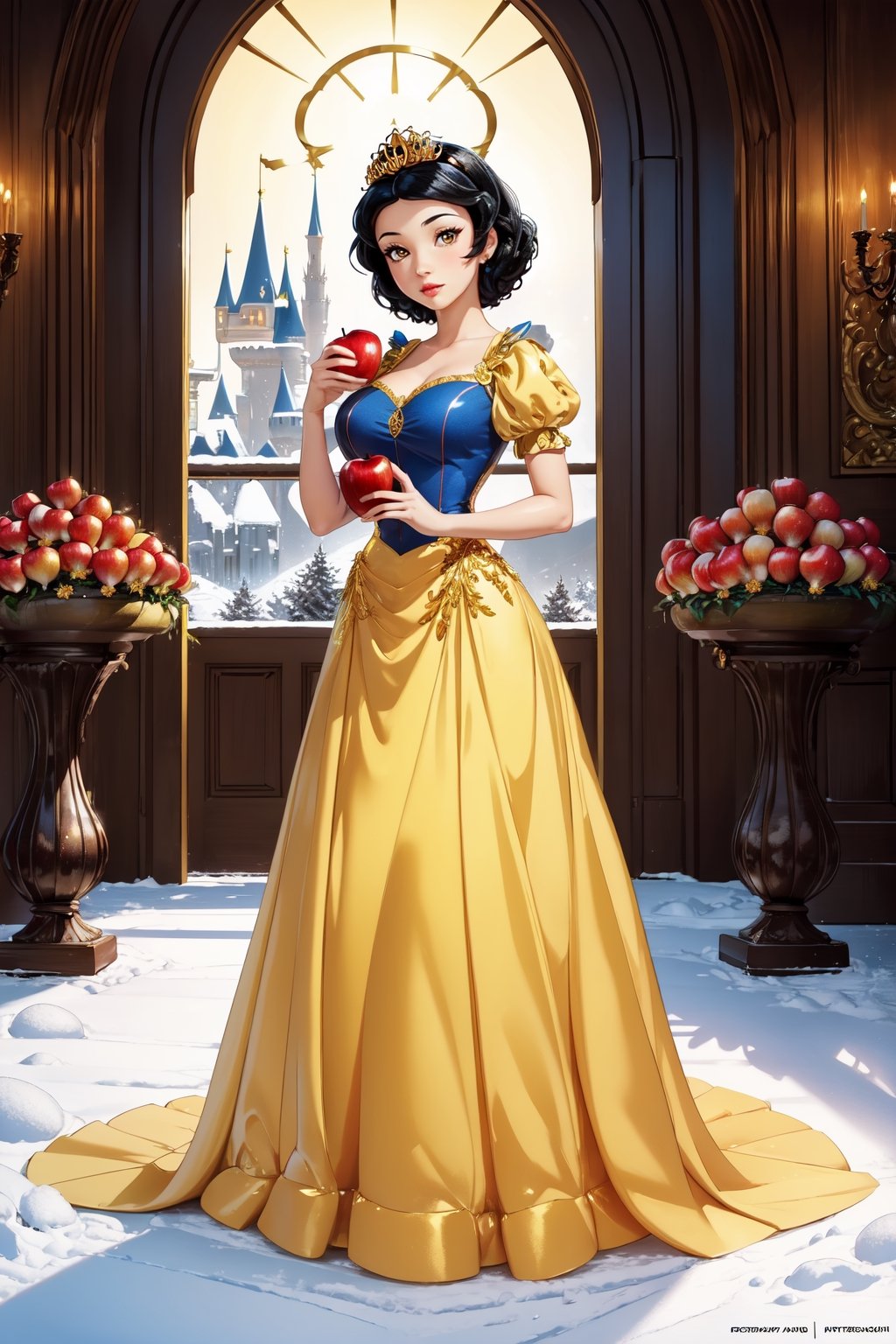 Masterpiece, 8k, 4k, best quality, extremely detailed, intricate, hyper detailed, hyper detailed, perfect face, illustration, cel shading, best quality, (1 girl), (only), (Snow White, the iconic Disney character, (in a castle, flowers, mushrooms, with an apple in her hand), (large breasts, perky breasts), (yellow and blue dress), (full body, standing, facing), (black hair, short hair, golden tiara ),