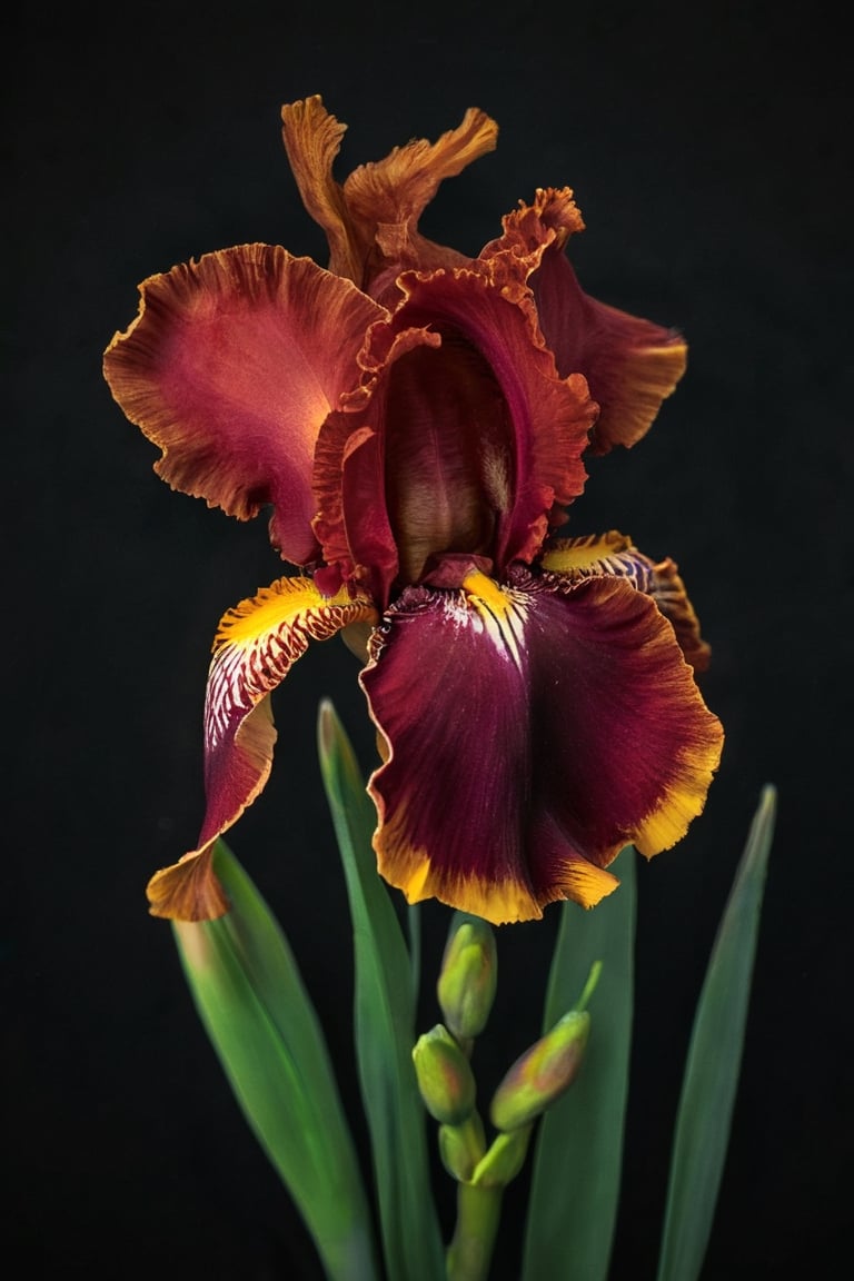 A beautiful Red with yellow center iris view from above with a black background