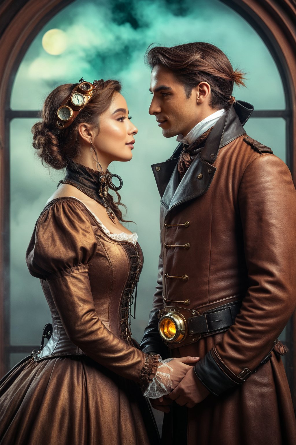 A steampunked Neue Sachlichkeit style, Magical Realism, conceptual art, image of a couple in deep love gazing into each other's eyes, with a Harmonious blend