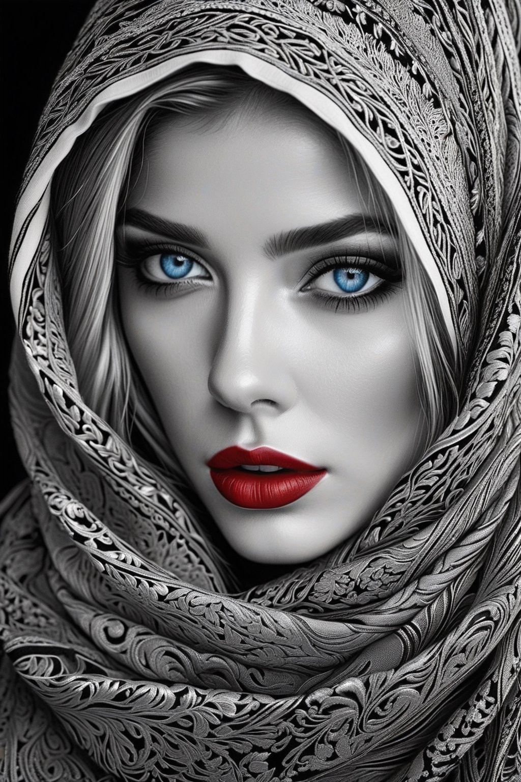 Pencil illustration, black and white, girl adorned with a scarf, her makeup enhancing her features, filigree adding elegance, (((shiny blue eyes, shiny red lips))), octane rendering, ultra-detailed, hyper-realistic, high quality masterpiece, shadows and textures creating depth and dimension, chiaroscuro effect, intricate details captured in each strand of hair and stitch of the scarf.