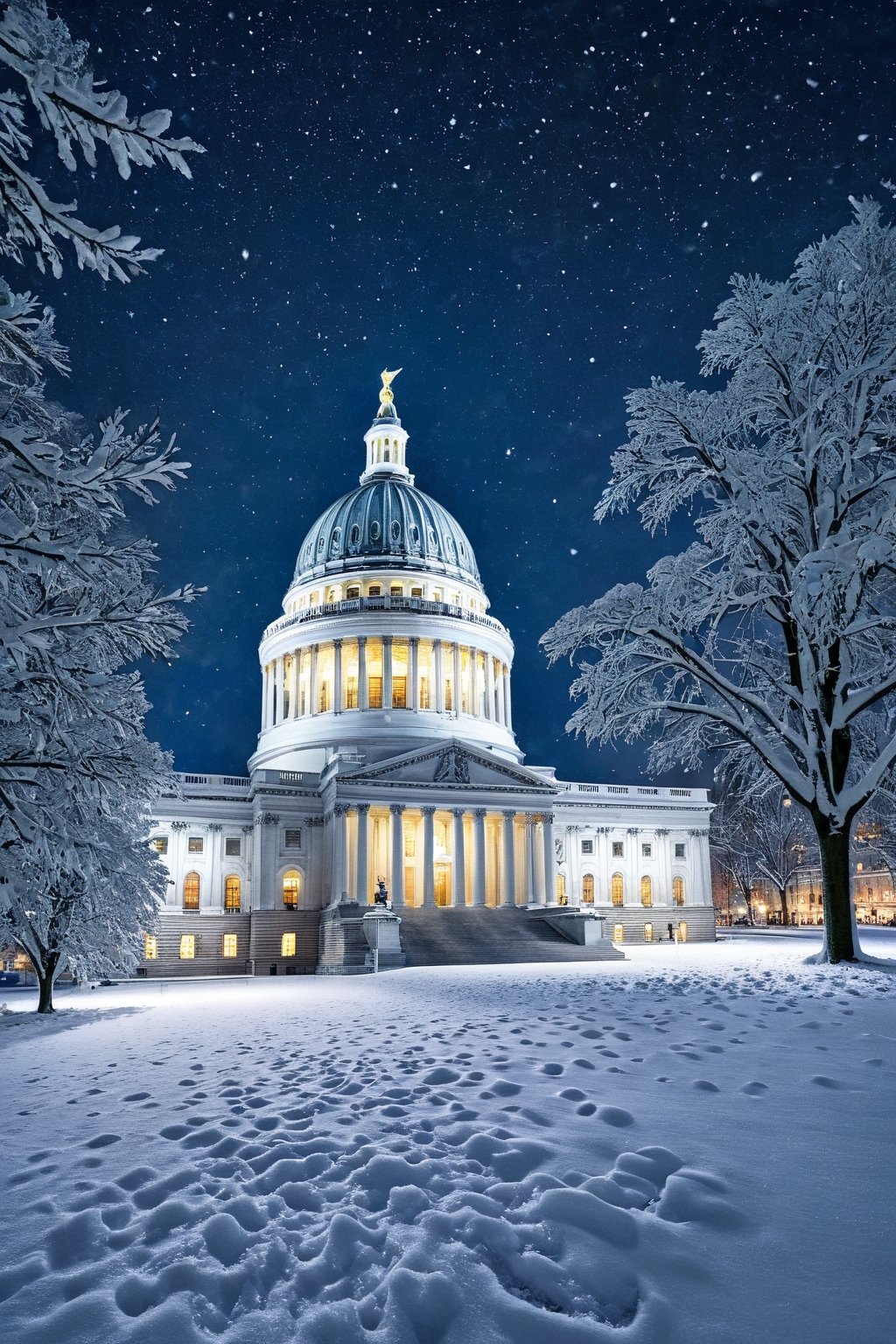 A very beautiful and peaceful photorealistic scene of a snow covered Capital Building at night