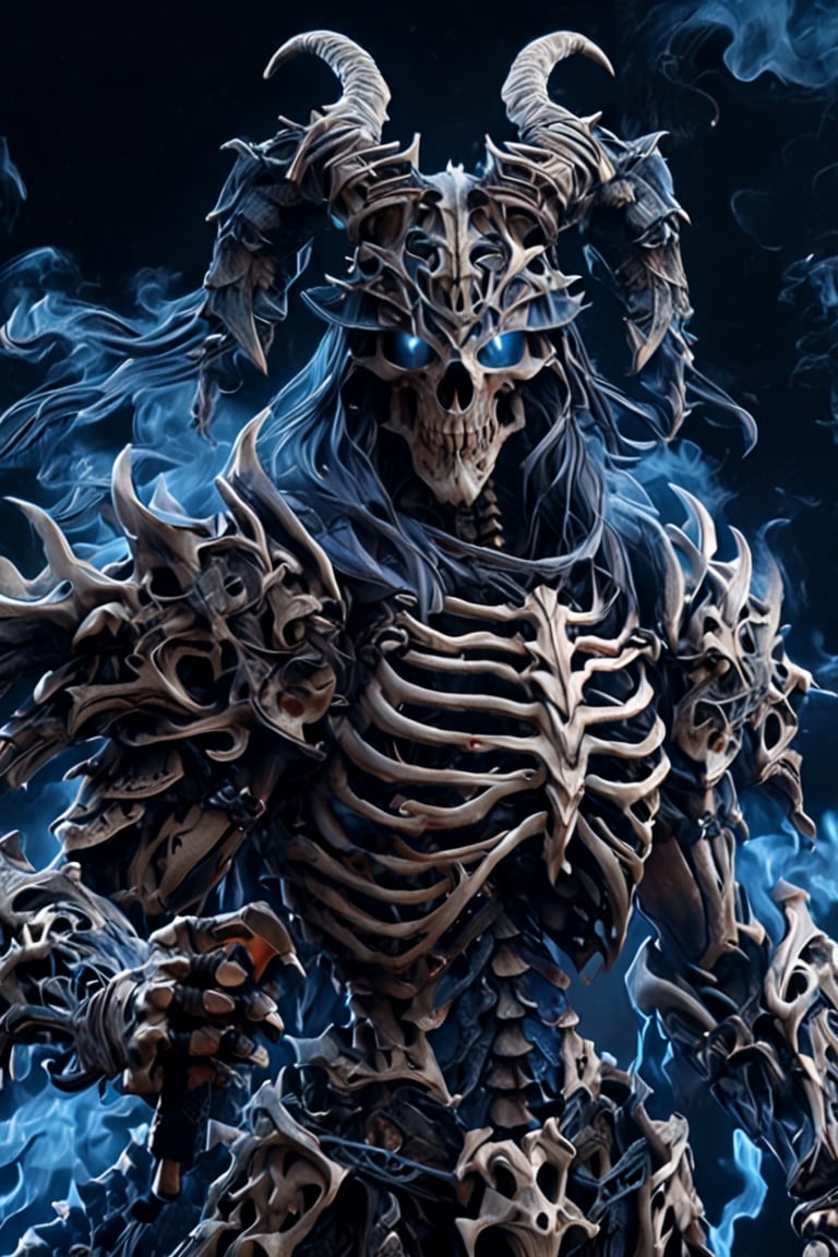 Create a hyper-realistic image of a skeleton dragon breathing blue flames, blue eyes on fire, scary and terrifying...nightmare background. Very detailed. high resolution, highly detailed, sharp focus.8k, More details, demonic look with fire in his hands, body covered in multi-hoofed armor, helmet, helmet, horns, holding a weapon, muscular, shiny, holding, muscular, shoulder armor, gauntlets, fire, axe, glowing eyes, leg armor,