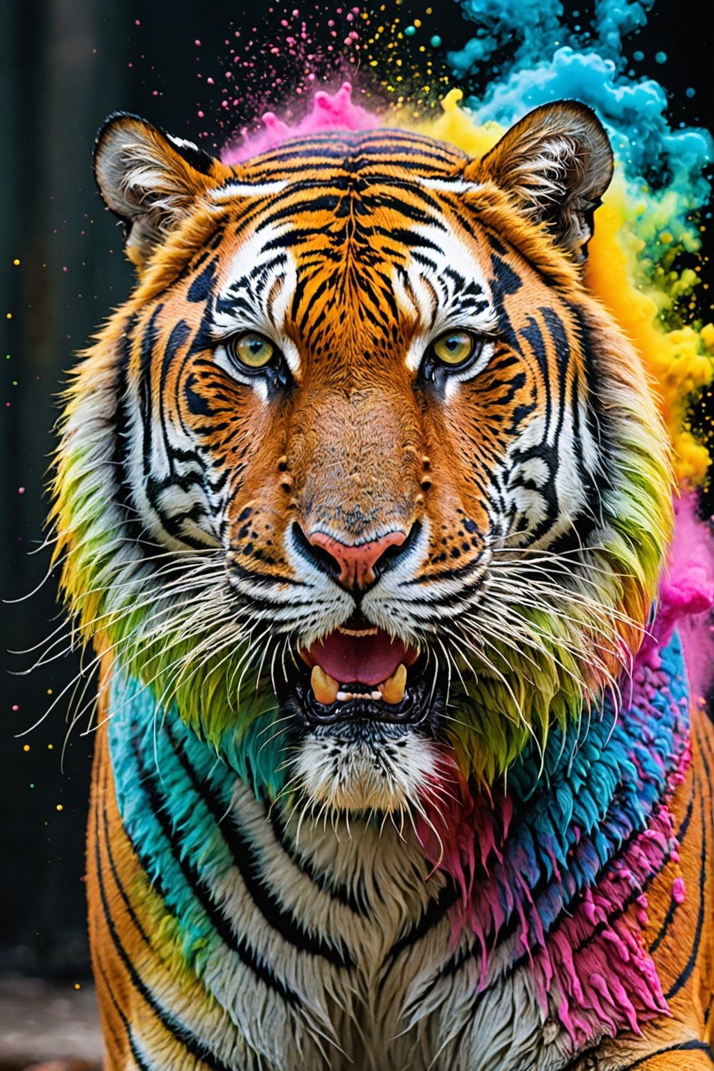 The appearance of colorful and colorful tiger.
The background shows rainbow-colored powder spreading like an explosion.
It is so ridiculous that it is hard to distinguish the front,

only asian dragon, Ultra close-up photography, Ultra-detailed, ultra-realistic, full body shot, 