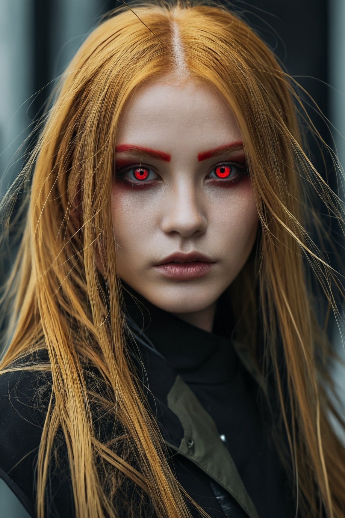 Red eyes, evil, golden, shiny, gold hair,High detailed ,midjourney,perfecteyes,Color magic,urban techwear,hmochako,better witch,witch, witch,Long hair,free style,horror (theme)