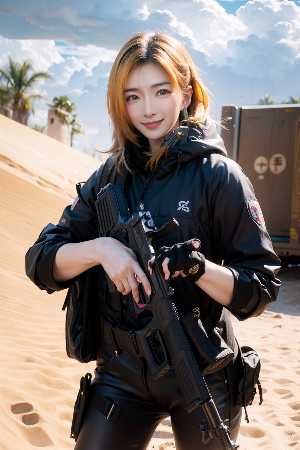 Photo album of Chinese actress Jiang Shuying. 
best quality, (masterpiece:1.2), highly detailed,girl holding (m1911 colt beretta glock acp k100 walther ppk luger parabellum 9x19mm handgun fn five-seven cartridge semi-automatic 45 pistol silencer handgrip stock safety trigger:1.1),(desert), sand,sand background,happy mouth,,1girl,solo,standing,yellow hair,,messy hair,sweat,,outdoors,explosion background,,solo,stormy clouds,storm,sandstorm,guns,gun,rifle,(smirk),tohru,weapon,CallOfDuty, weapon, sexypose, sniper, holding weapon, looking_at_viewer,Jiang Shu Ying