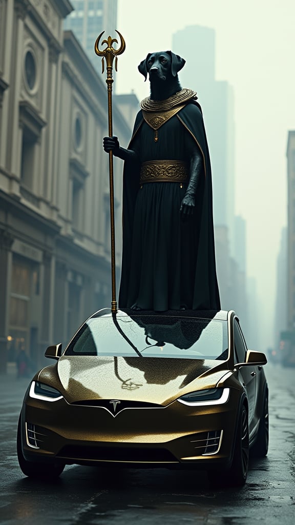 (Furry, Anthropomorphic black_labrador),  the legendary LABRADOR King, stands atop a gleaming Tesla Model X, his golden staff poised. Hyper-realistic rendering captures every hair, wrinkle, and metallic sheen. Futuristic cityscape backdrop. Ethereal mist swirls, blending ancient mythology with modern technology. Dramatic lighting emphasizes the surreal juxtaposition.,“Photo of a wall in the city